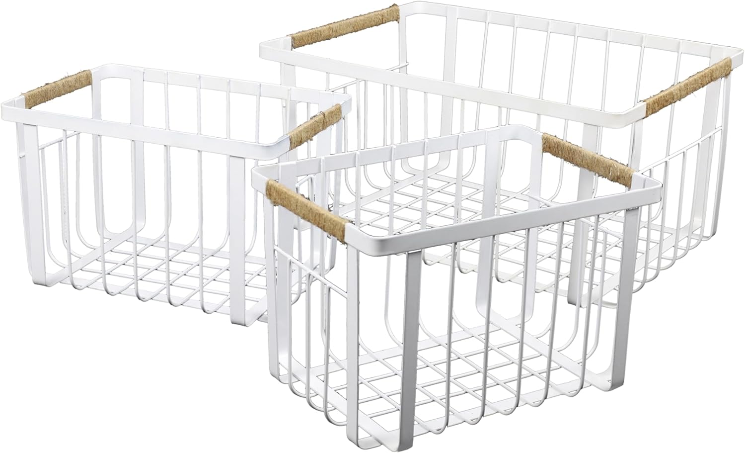 happimess BSK3003B-3SET Henley Vintage Farmhouse Wire Metal Nesting Storage Baskets with Jute Wrapped Handles for Shelves, Cabinets, Pantry, Countertop, Mesh Open Bin Basket, White (Set of 3)