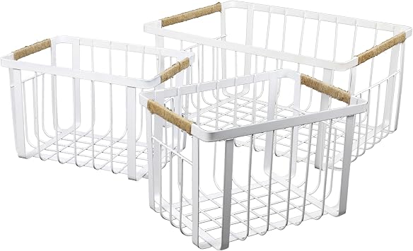 happimess BSK3003B-3SET Henley Vintage Farmhouse Wire Metal Nesting Storage Baskets with Jute Wrapped Handles for Shelves, Cabinets, Pantry, Countertop, Mesh Open Bin Basket, White Set of 3