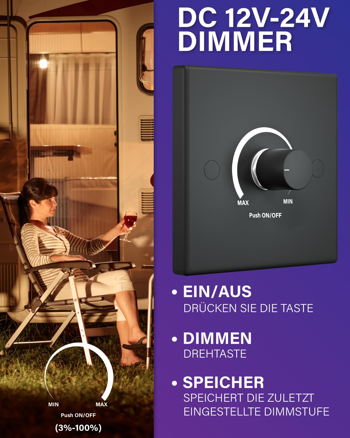 Gerbala LED Dimmer 12V PWM - Stufenloser Dimmschalter 5A - Für Wohnmobil, Boot, LKW Beleuchtung