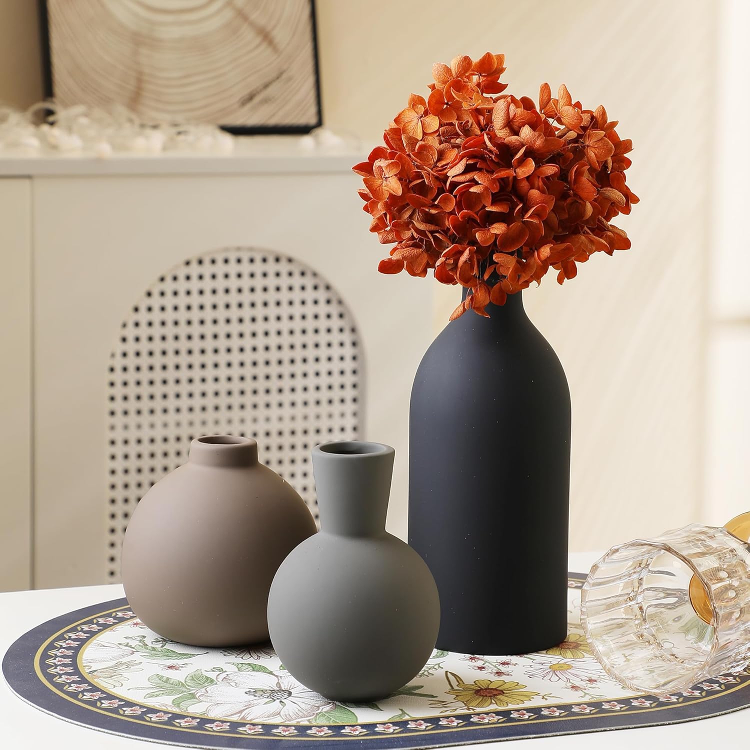Lot de 3 vases en céramique - Décoration d'intérieur rustique - Vase en poterie pour table, salon, cuisine, chambre à coucher, salle de bain, bibliothèque, entrée (lot de 3)