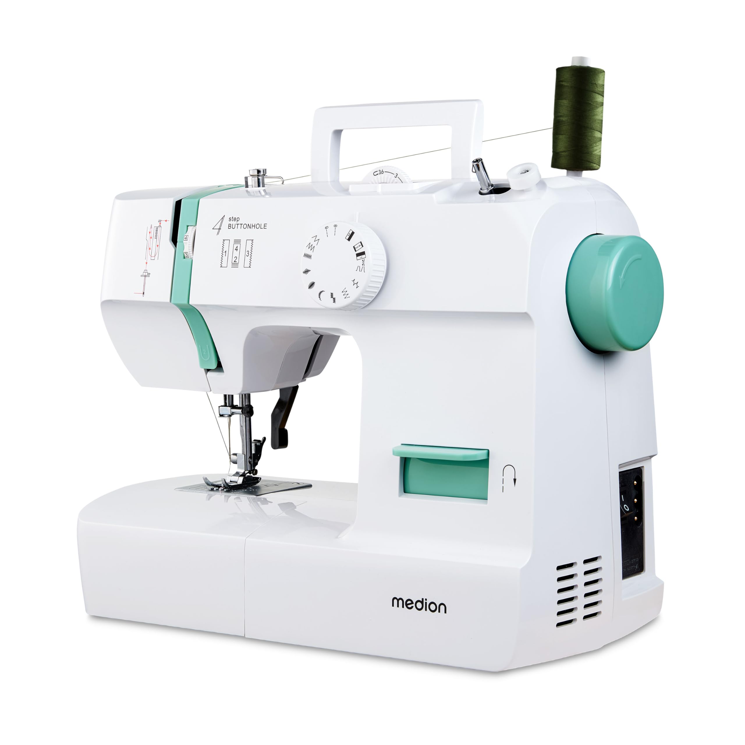 MEDION Machine à coudre SM70 (70 watts, 12 modèles de points différents, lumière de couture LED, longueur de point réglable, bouton d'inversion, coupe-fil, MD11179) turquoise