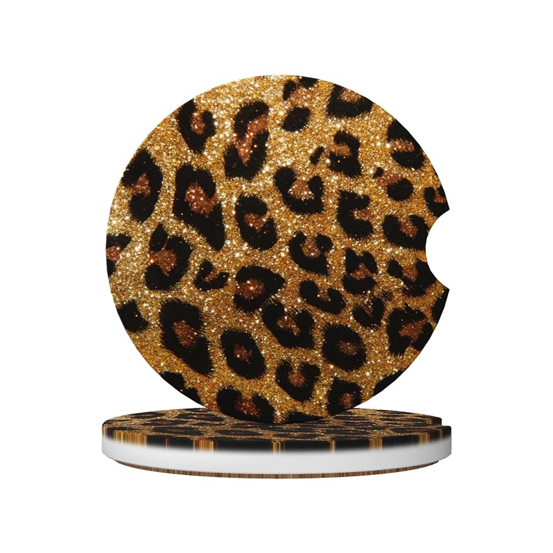 Porta-copos automotivo de cerâmica absorvente com base de cortiça e estampa de leopardo marrom HUWAAI, kit com 2 peças