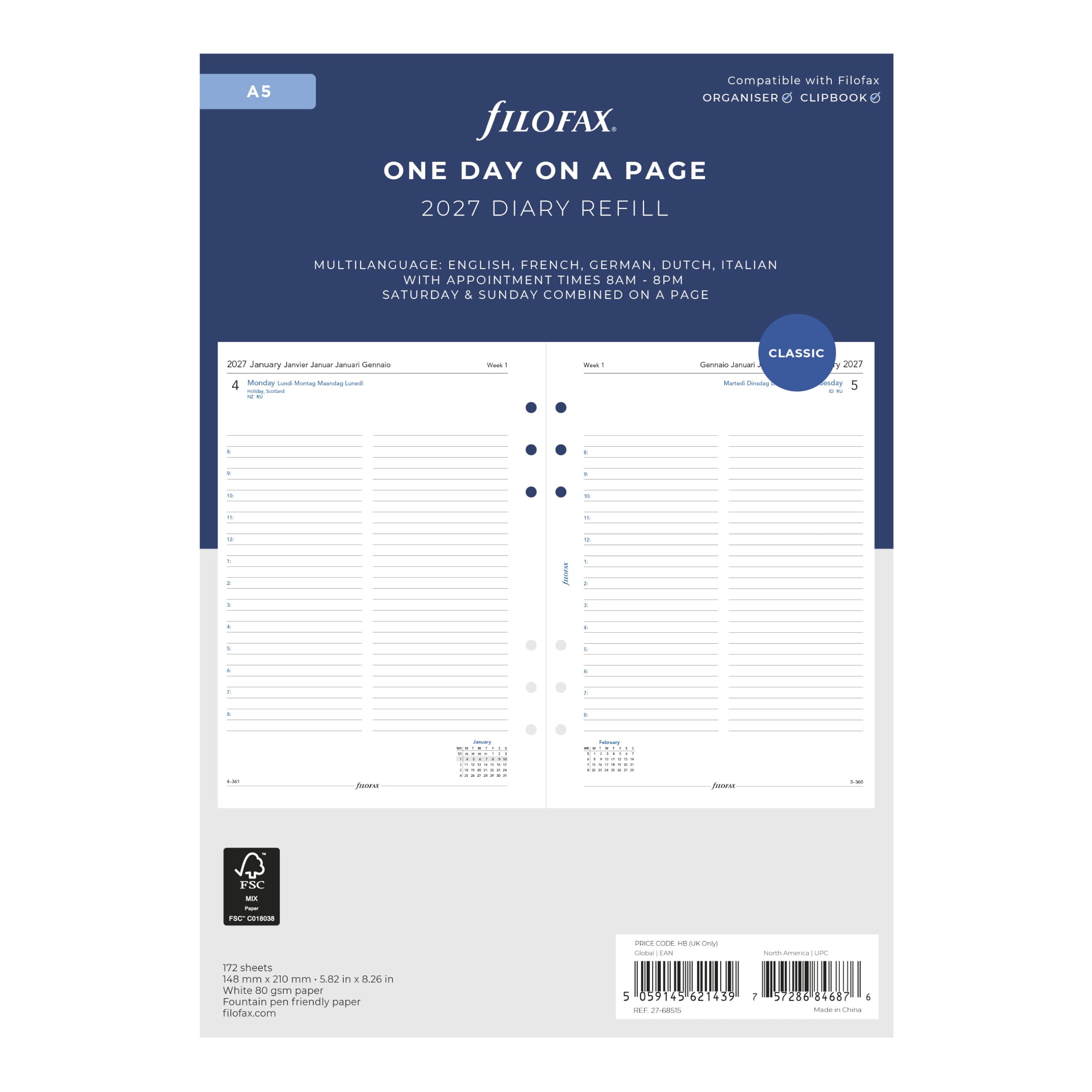 Filofax Recharge pour agenda 2027 format A5, 1 jour sur une page avec rendez-vous, papier blanc, multilingue : cinq langues, 2027 (C68515-27)