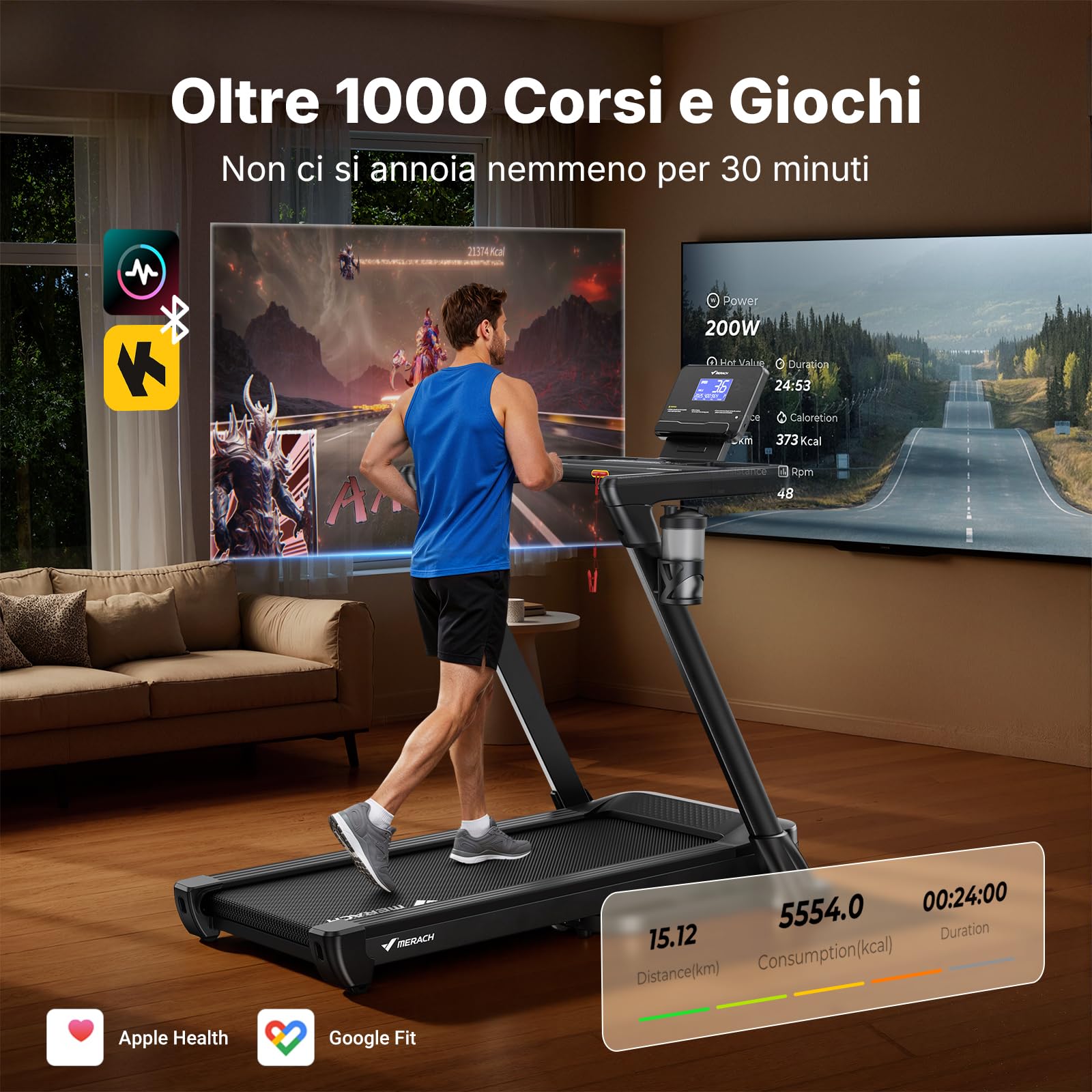 MERACH Tapis roulant per casa con pendenza, 18% di inclinazione automatica, 1-14 km/h, tapis roulant pieghevole, 3,5 HP Walking Pad, Treadmill for Home Max 159 kg, 46 x 120 cm, tapis roulant APP con