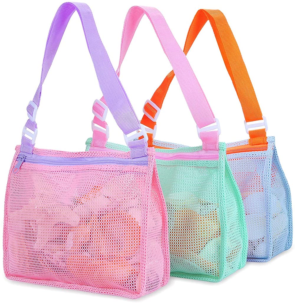 Beach Toy Mesh Bag, Adjustable Kids Shell Collecting Bag Beach Sand Toy Totes for Holding Shells Beach Toys Sand Toys Swimming Accessories for Boys and Girls( Only Bags, A Set of 3 )