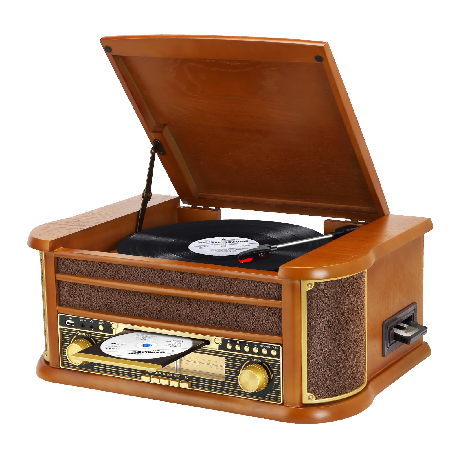 MUSITREND Lettore di dischi vintage Giradischi Bluetooth wireless a 3 velocità con altoparlanti stereo integrati, radiofonografo AM/FM, jack da 3,5 mm, CD/Cassette, AUX in RCA out, riproduzione USB