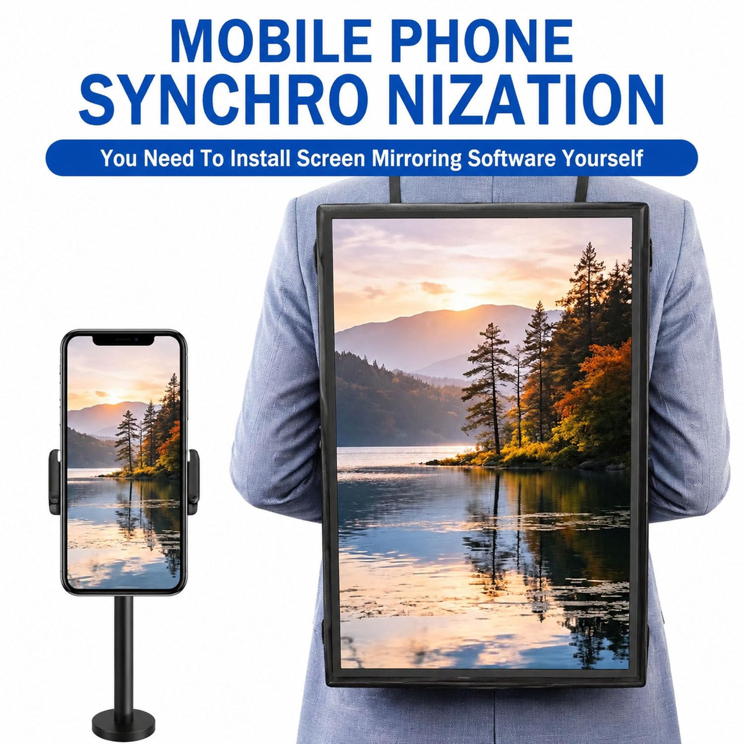 Zaino pubblicitario LCD da 21,5",sistemas operativo Android USBflashdrive | Display digitale con luminosità di 1000 nit, con app per chiavetta USB/smartphone.