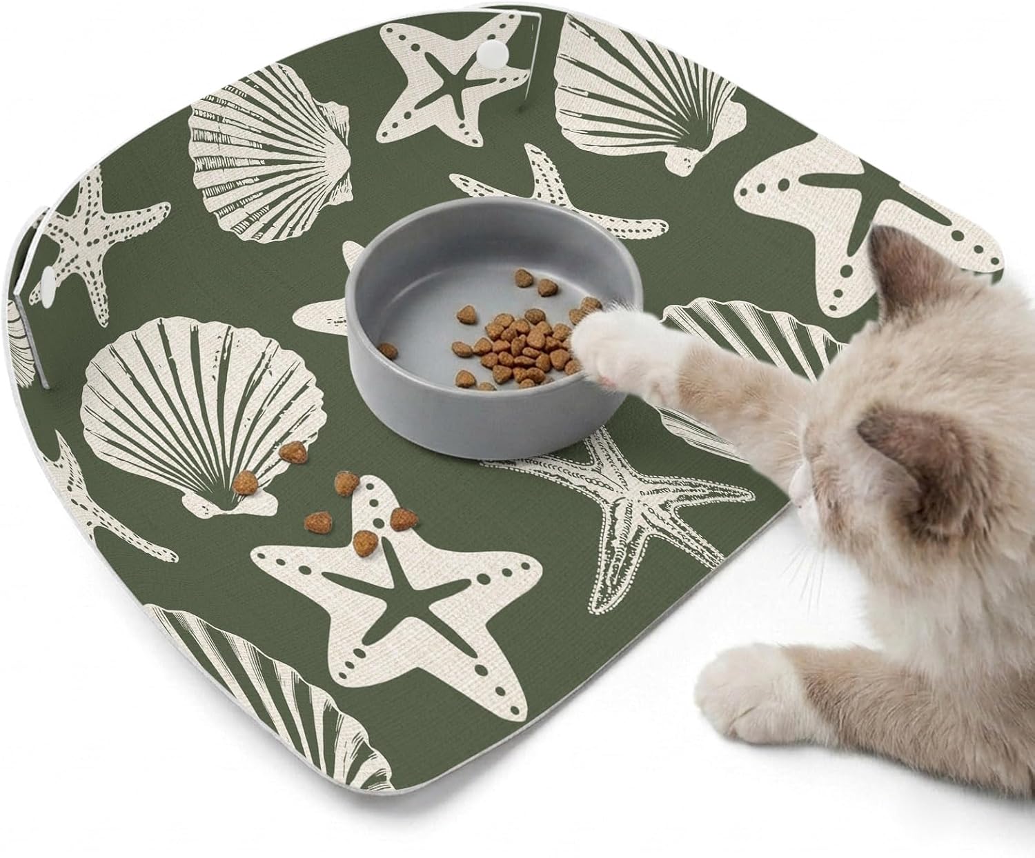 Coastal Sea Shells Pet 100% Waterproof Feeding Mat with Raised Edges, Modern Nautical Ocean Life Green Cat Small Dog Foldable Food Mat with Easy Clean Leather for Home Travel 17.7x11.8in
