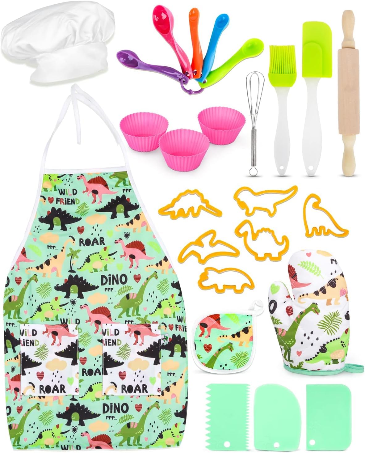 KASTWAVE Kids Baking Set with Dinosaur Apron, Chef Dress Up Kitchen Role Play Toys for Little Boys Girls 3-8 Years Old (Dinosaur Baking)
