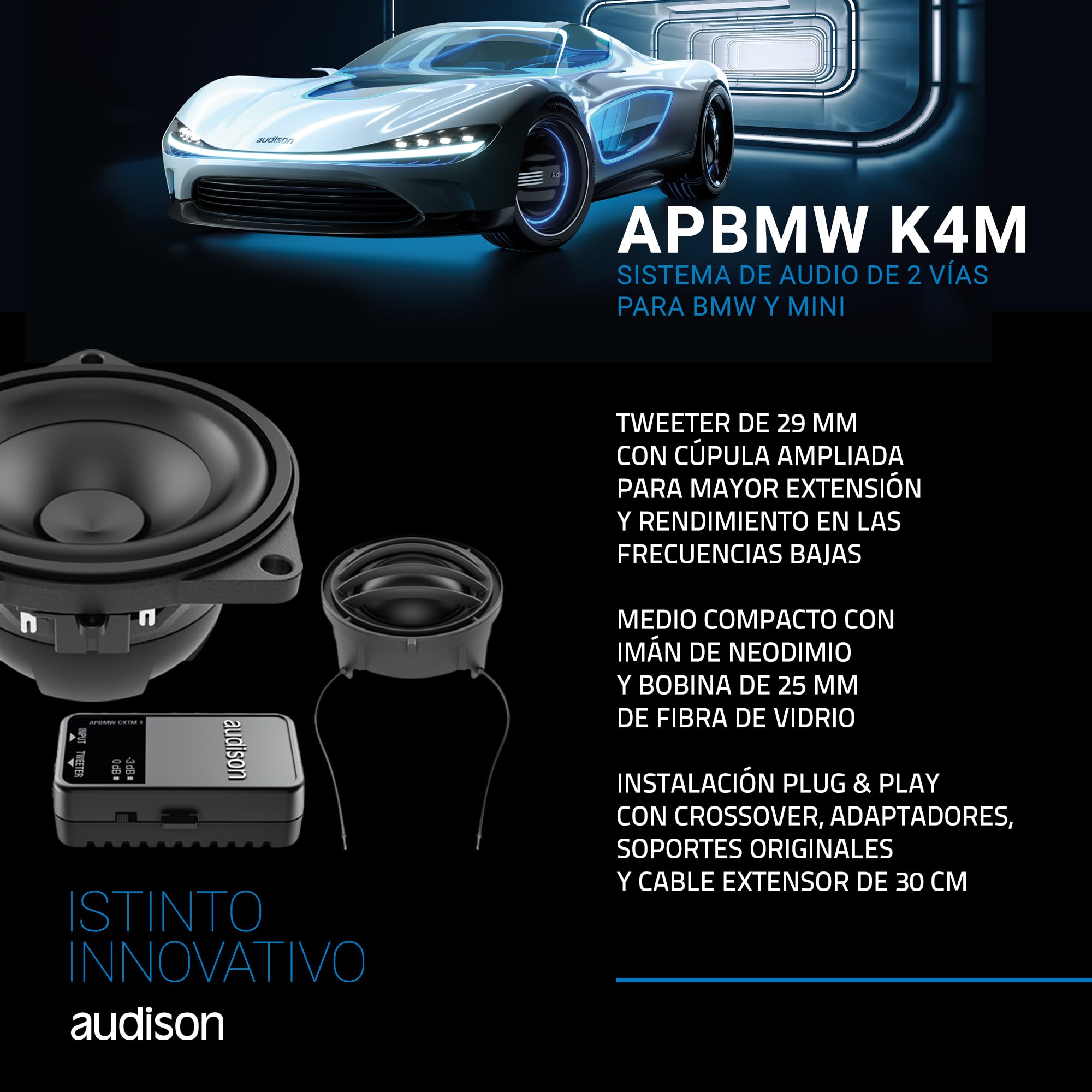 Audison APBMW K4M Kit de 2 vías 100 mm, 100 W | tweeter 29 mm, filtro incluido, 4 pulgadas, 50 W RMS, 4 Ohm, 88 dB