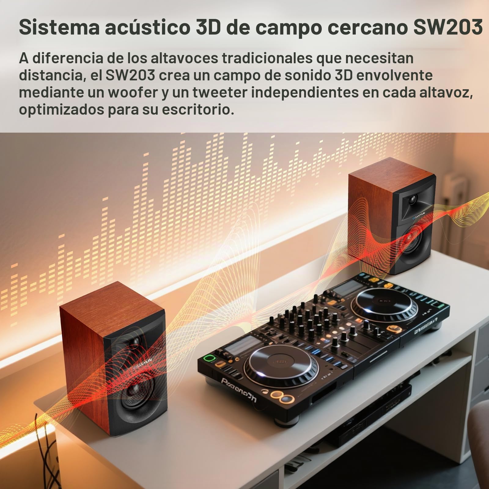 Sanyun SW203 Altavoces PC 2.0 3”, Campo Estéreo Ampliado, Triple-DSP