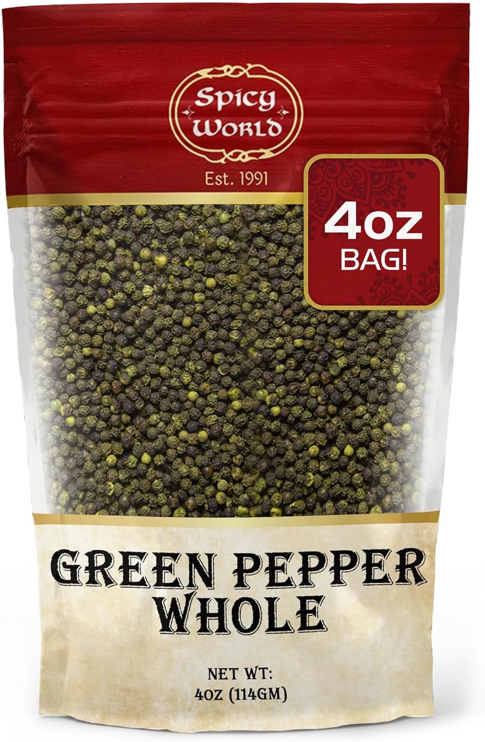 Spicy World Whole Green Peppercorns 4 Oz Bag - Steam Sterilized & All Natural