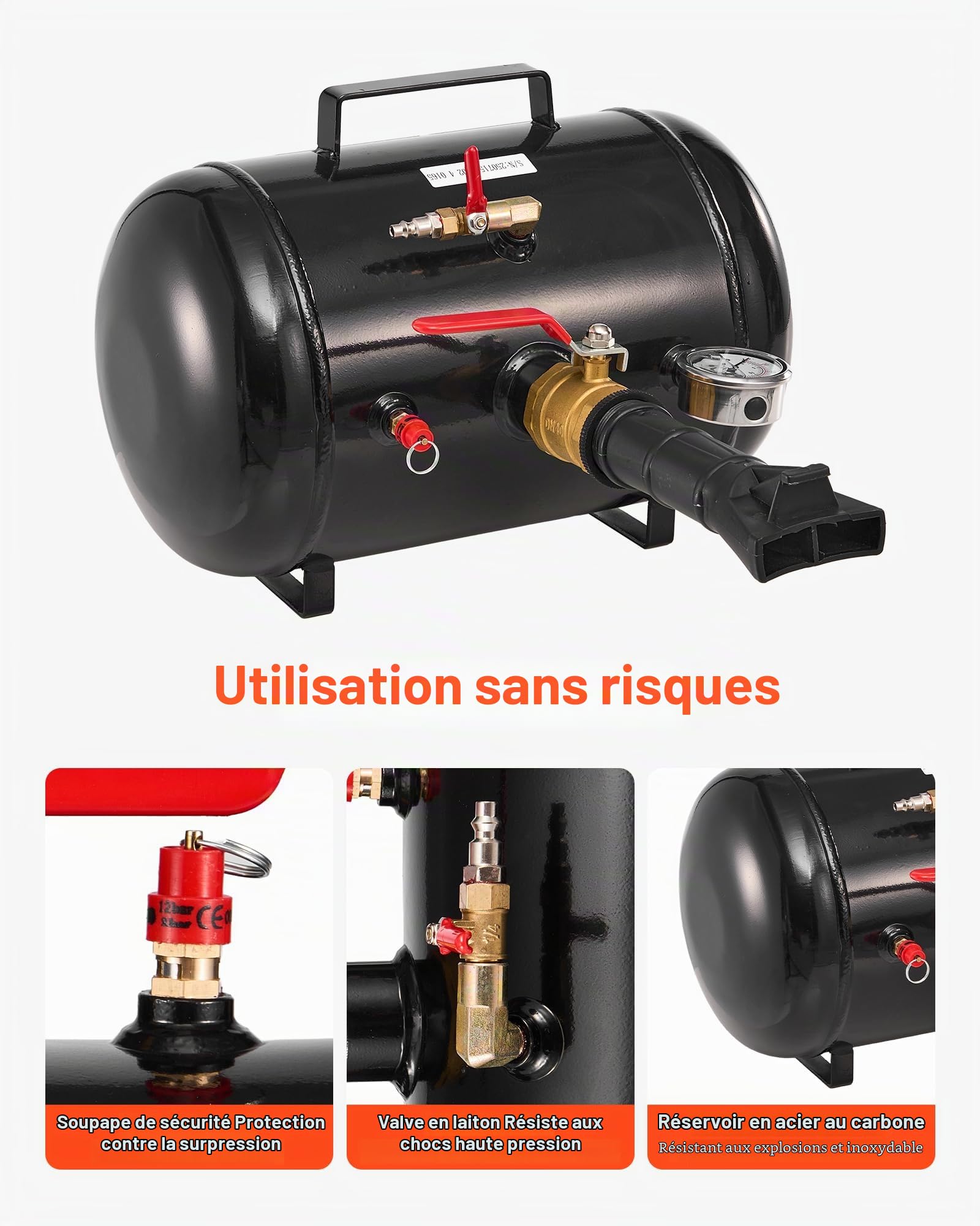 VEVOR Canon à Air 18,9 L, Booster de Pneu avec Pression de Service 0,6-0,8 MPa, Gonfleur Pneumatique de Pneu pour Pick-up, Camion, VTT, Jeep, Fourgonnette, Tracteur Tondeuse, Camping-car, Noir