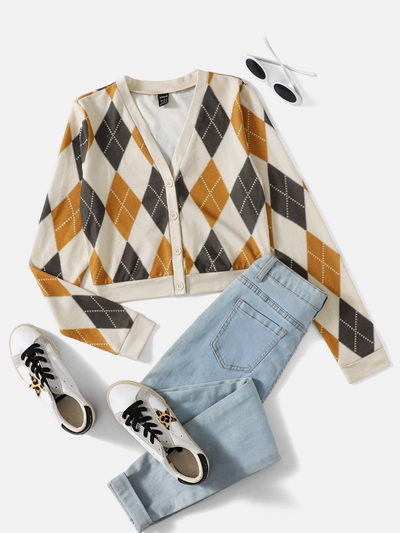 CRYBA Summer Tops Women Argyle Print Button Front Tee (Color : Multicolor, Size : XS)