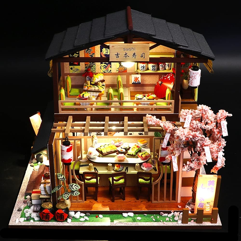 Kit fai da te in miniatura per casa delle bambole con scatola antipolvere e carillon, negozio di sushi giapponese, mobili per casa delle bambole 3D in legno, puzzle creativo, regalo di compleanno per