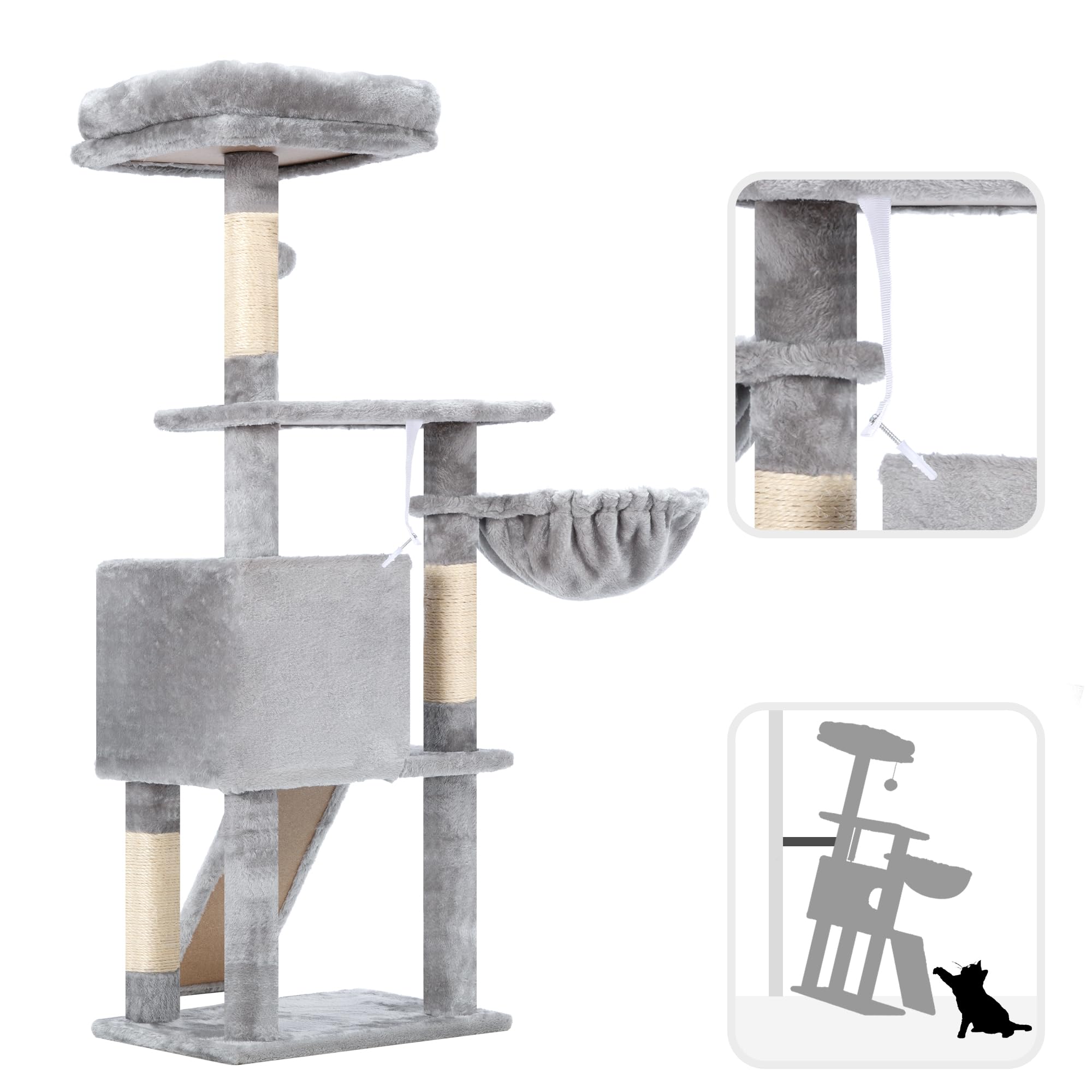 Hey-brother Árbol rascador para gatos, 108 cm, para interiores, varios pisos para gatitos, con columnas para rascar, rampa, cesta, espacioso agujero para gatos y juguete con pompón colgante, gris