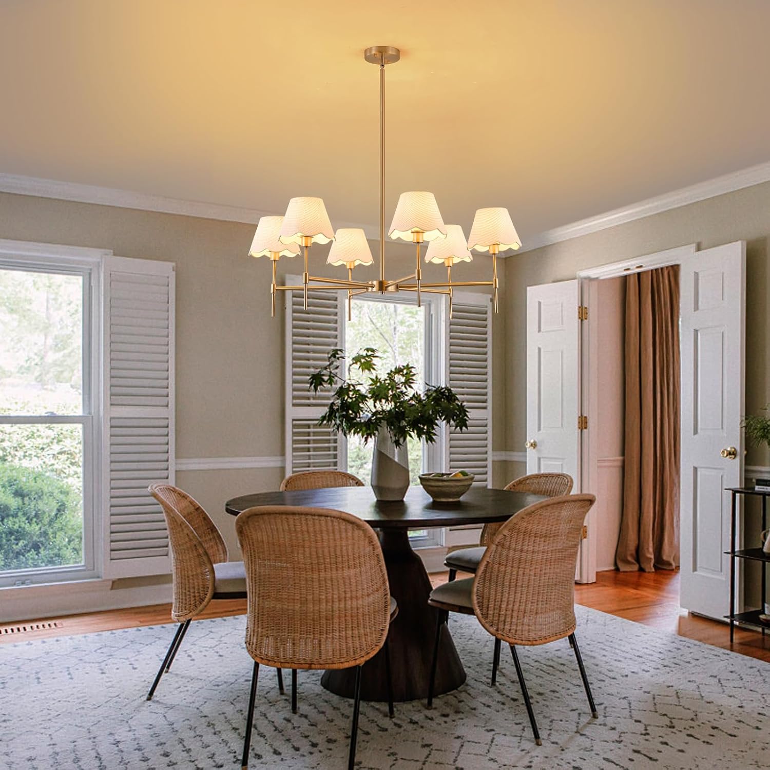 Farmhouse Rattan Chandelier 6-Light Boho Pendant Lamp 37.5‘’ Large Brushed Nickel Chandelier Light Fixture with Height Adjustable Hanging Pole for Dining Room, Living Room, Bedroom, E12 Base