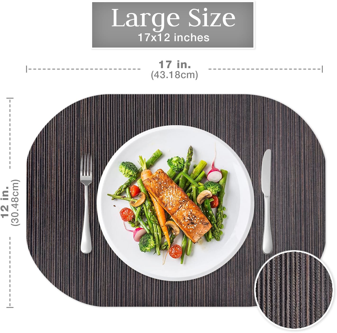 Andie Home Oval Placemats for Kitchen Table and Dining Room, 6-Piece Set, Heat-Resistant and Surface Washable Placemat, Espresso, Dark Brown, 17"x12"