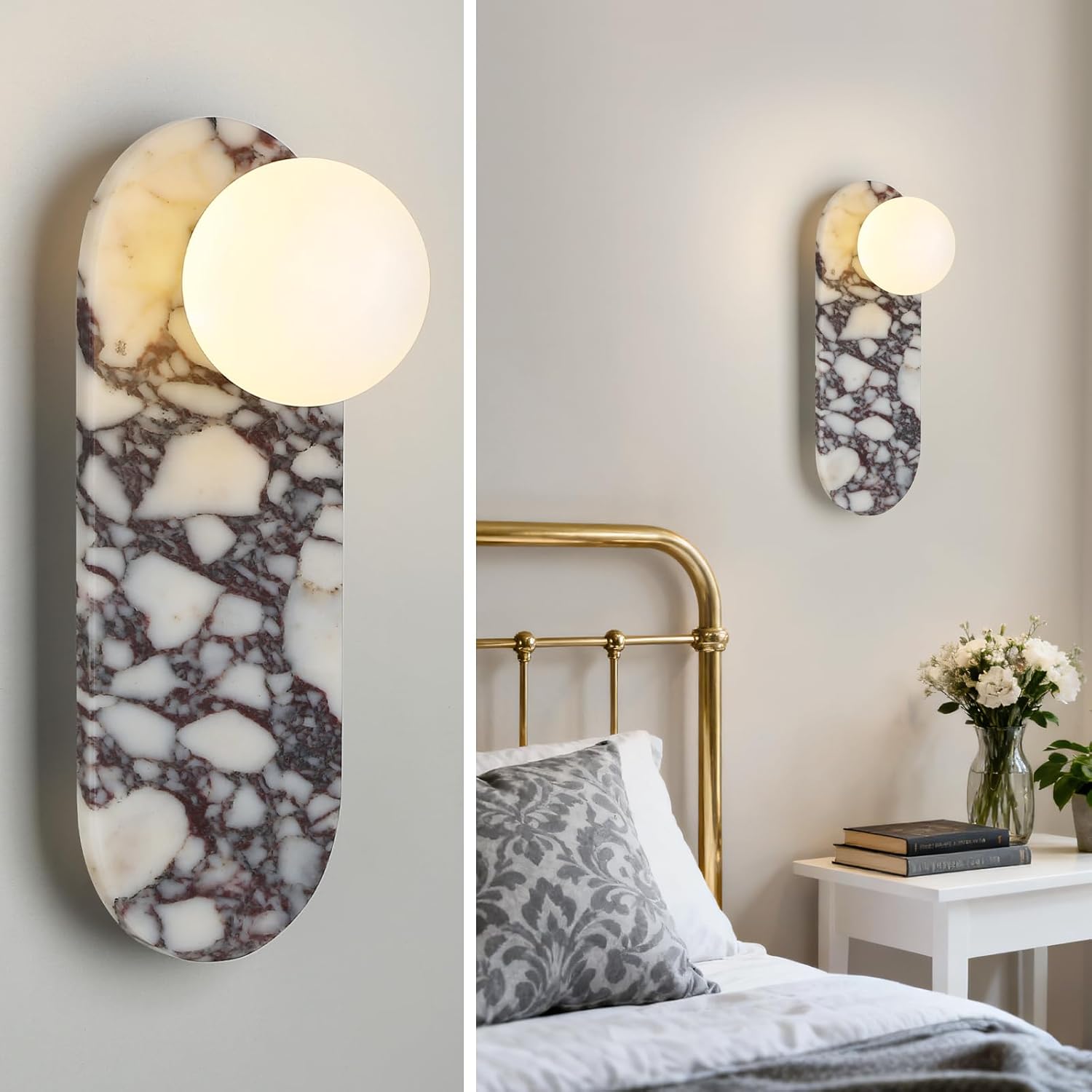 Natural Marble Wall Sconces Alabaster Wall Lights, Wabi Sabi Nordic Style Natural Stone Lamp, LED Modern Hardwired Indoor Lighting with Globe Glass Shade 9W for Living Room Bedroom Hallway Stairs
