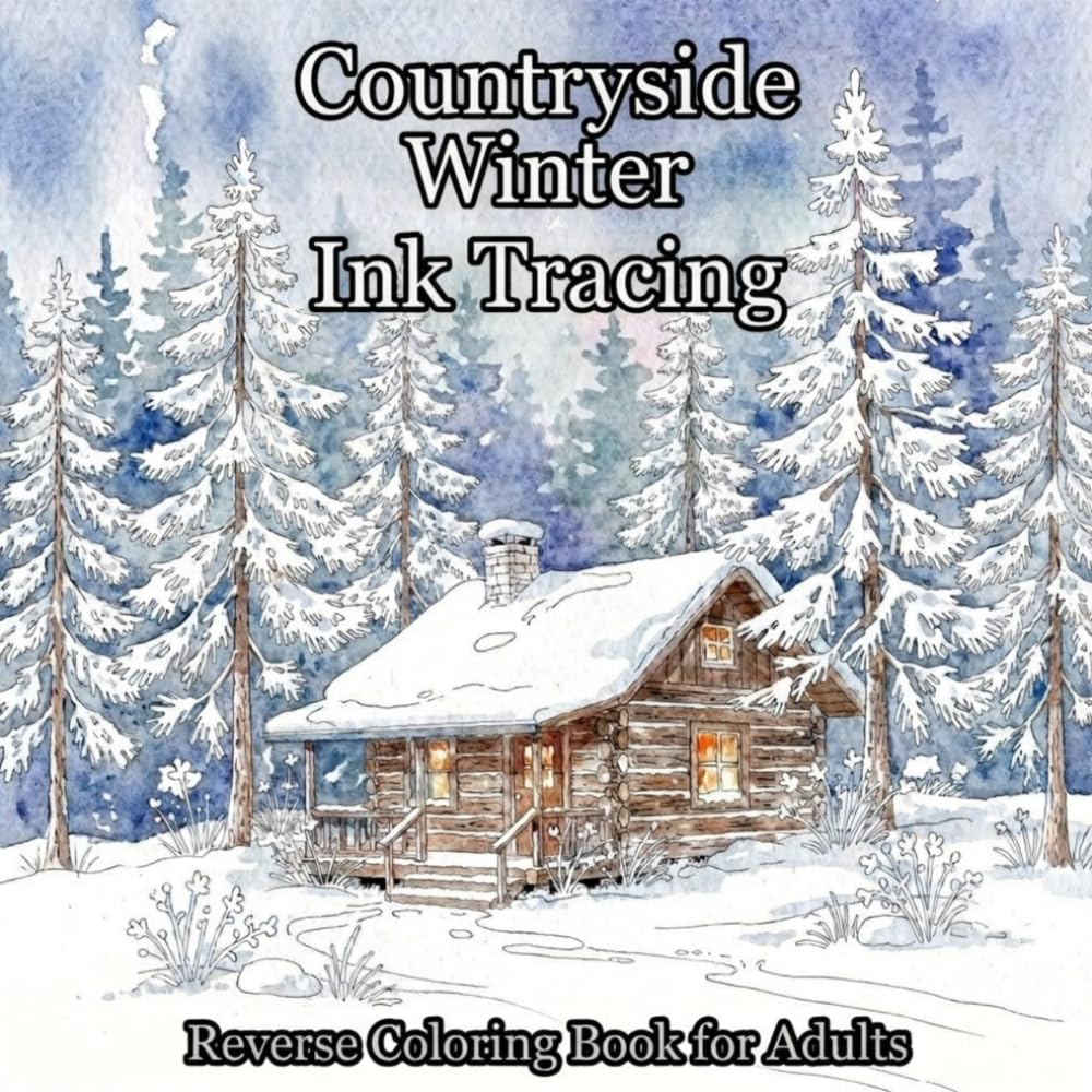 Countryside Winter Ink Tracing: Reverse Coloring Book for Adults: Trace White Lines with Black Pen to Reveal Cozy Winter Cabins, Snowy Forests, Lanterns & Rustic Scenes
