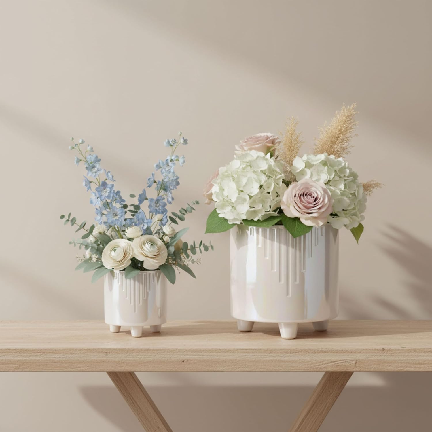 Set of 2 Iridescent Line Footed Planters with Ivory Accents – Ceramic Stoneware Outdoor & Indoor Plant Pot – Modern Garden & Home Decor Ceramic Planters – 6" & 8", Ivory