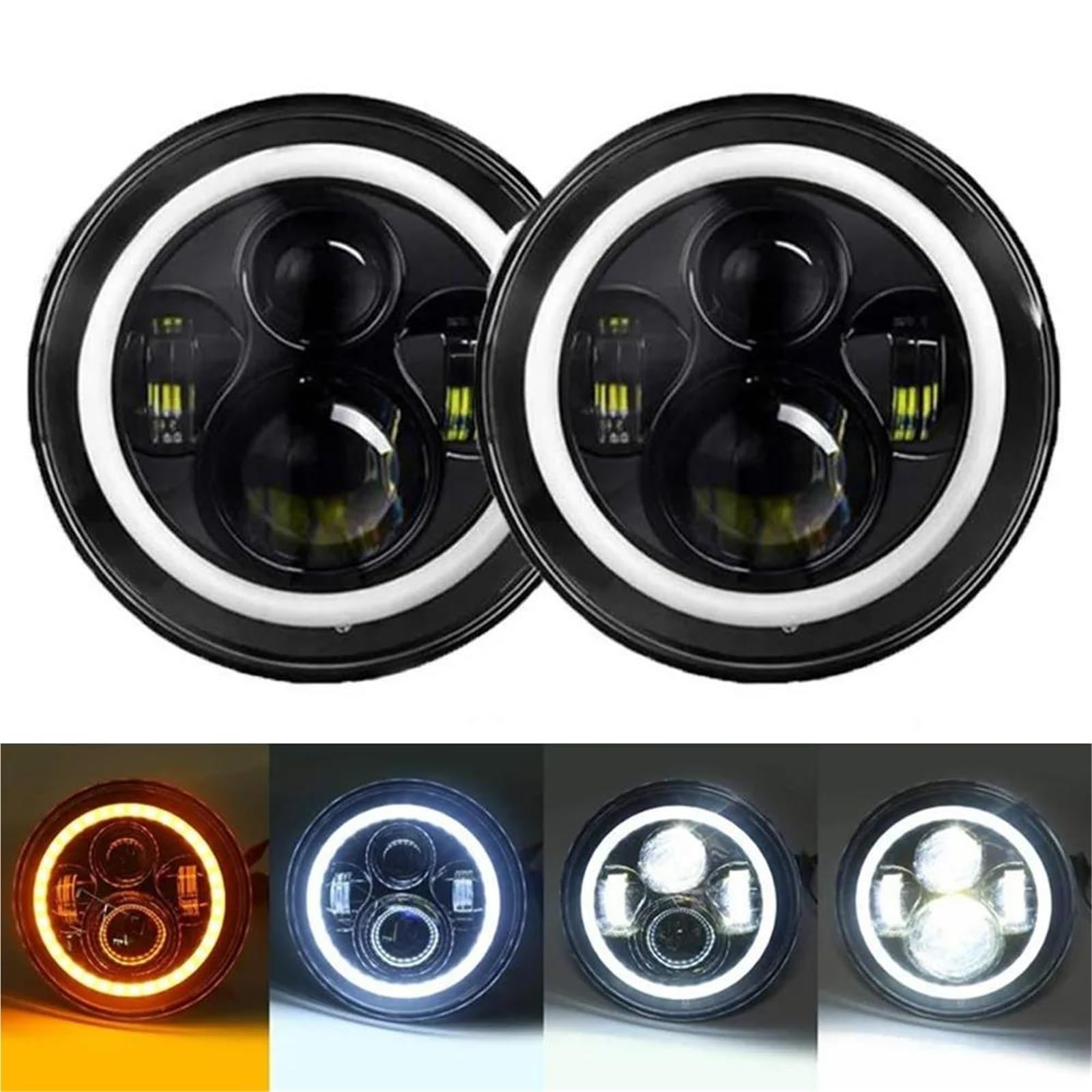 Luces de circulación Diurna Conjunto De Faros Delanteros De 7 "para Land-Rover para Defender 90 110, Kit De Faros Redondos, Accesorio Todoterreno, 2 Unidades(Black 2pcs)