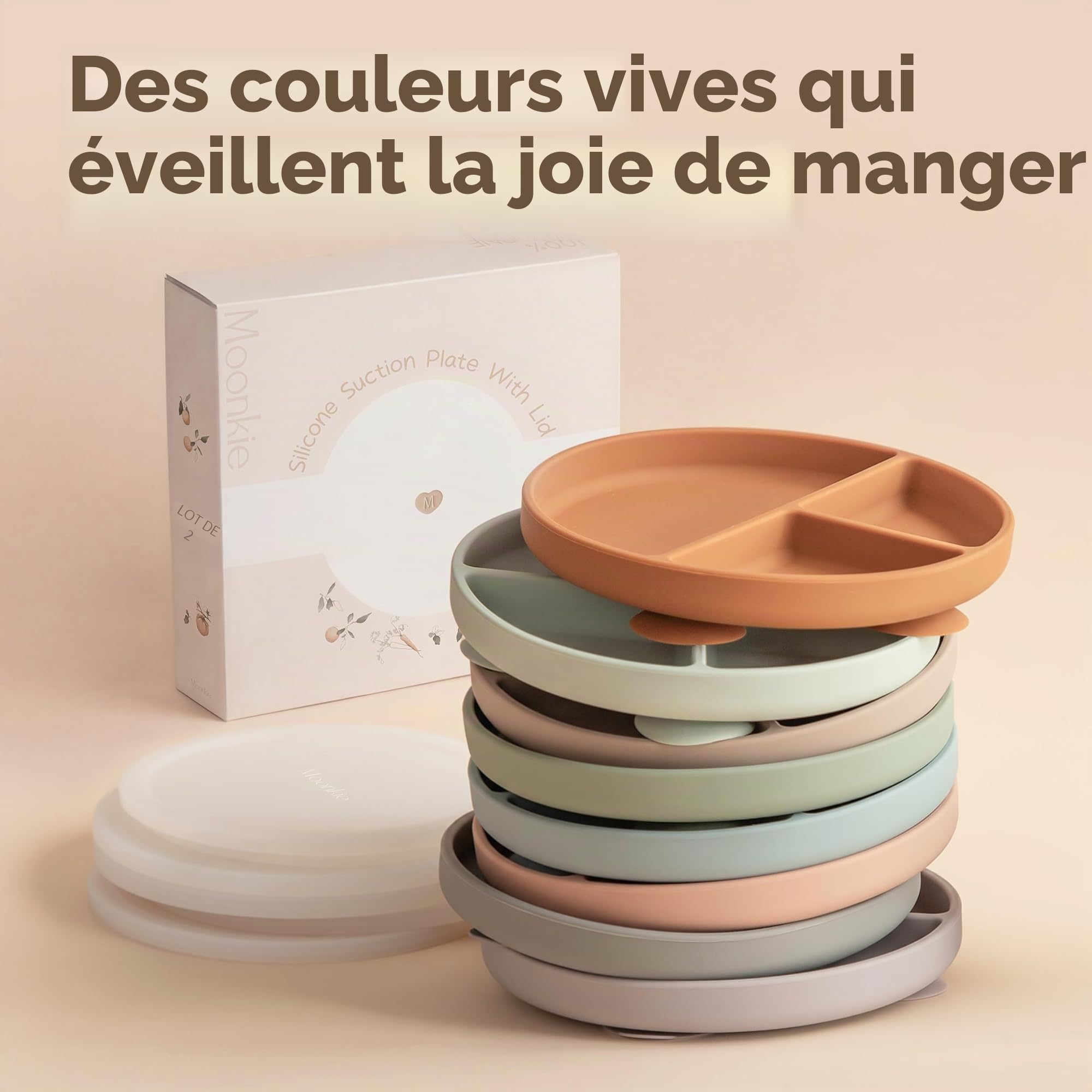 Moonkie Assiette Bébé Silicone avec Ventouse Lot de 2 Couvercle Antidérapante Menthe Bleu clair