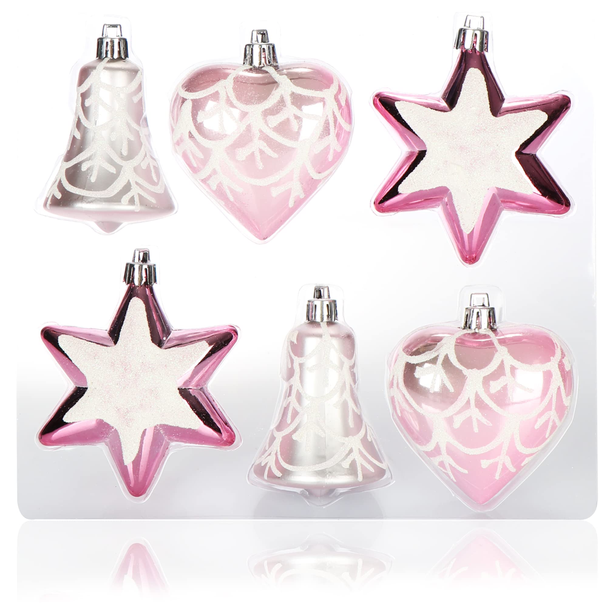 com-four® Set de 6 Piezas Adornos para el Árbol de Navidad - Bolas de Navidad de Diferentes Formas - Campana, Corazón y Estrella para Colgar (Rosa/Plateado)
