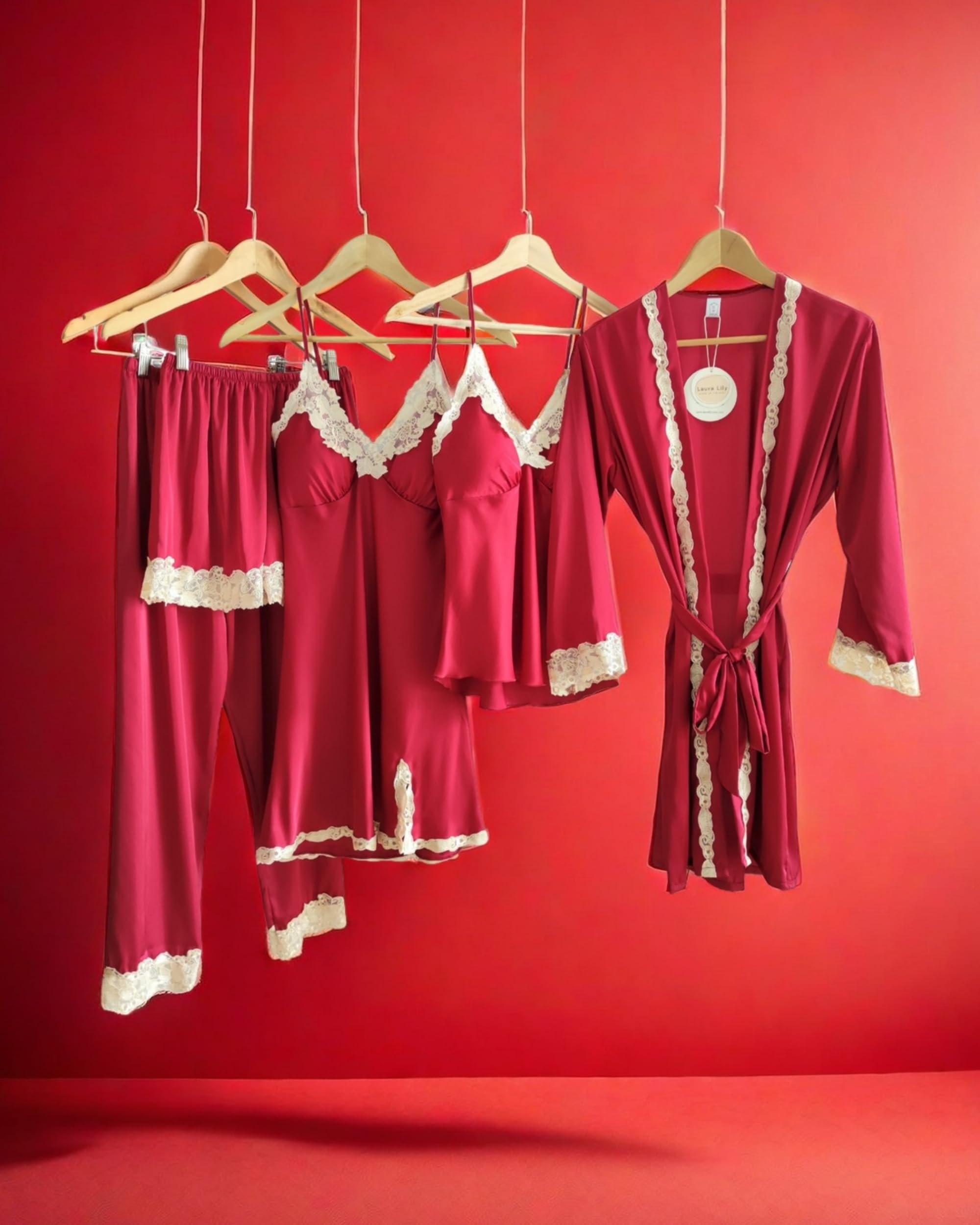 Pigiama da Donna in Raso setoso, Tinta Unita, Lingerie Pigiami con Pizzo, Set da 5 Pezzi Robe Accappatoio, Camicie da Notte, Top, Pantaloni, Pantaloncini.