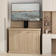 AIEGLE Hidden TV Lift Cabinet for 50" TVs, Farmhouse TV Stand with Mount & RF Remote, Oak Media Console Table with Storage, 28.8"-68" Height Adjustable Entertainment Center for Living Room