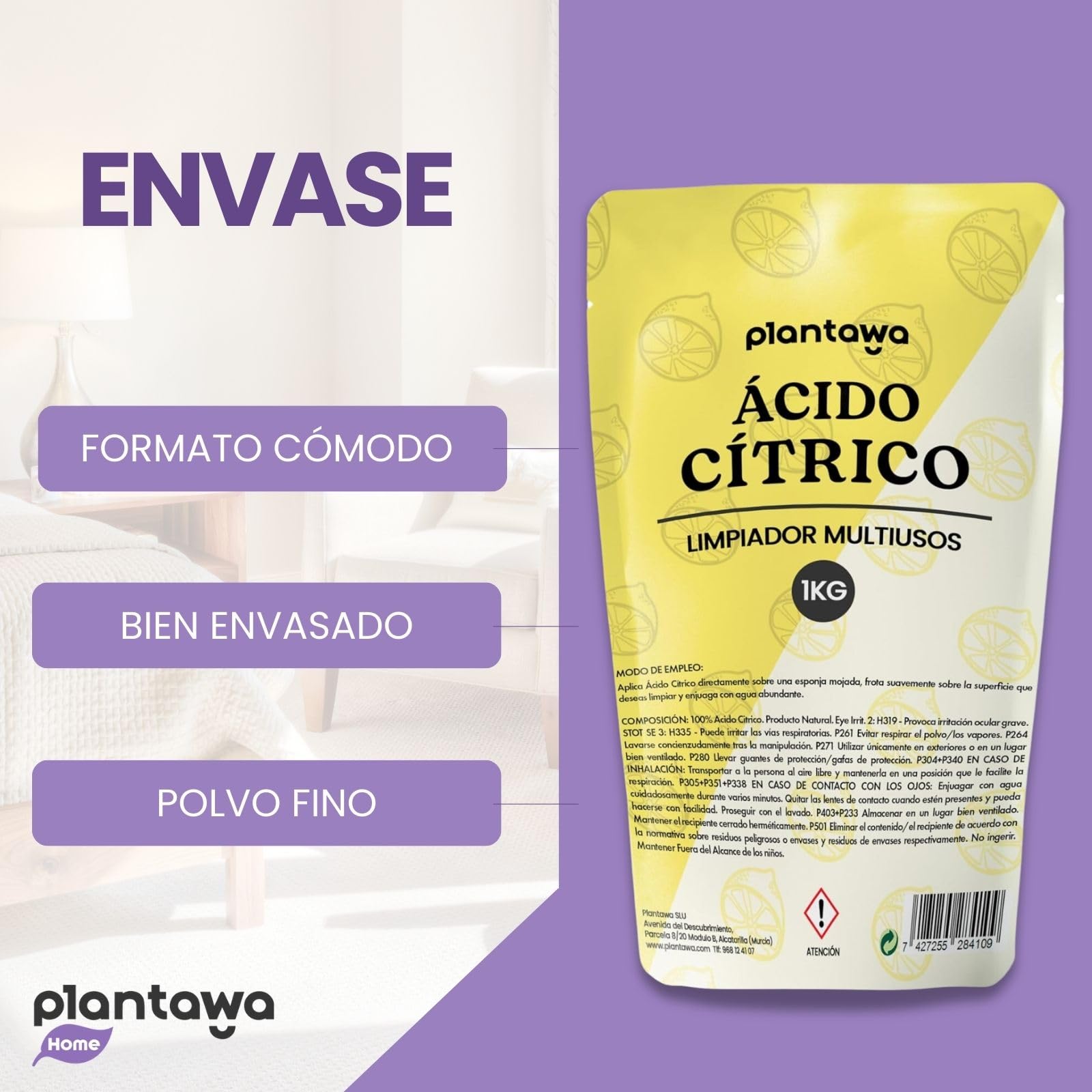 PLANTAWA Ácido Cítrico en Polvo 1 Kg Limpiador Multiusos Puro