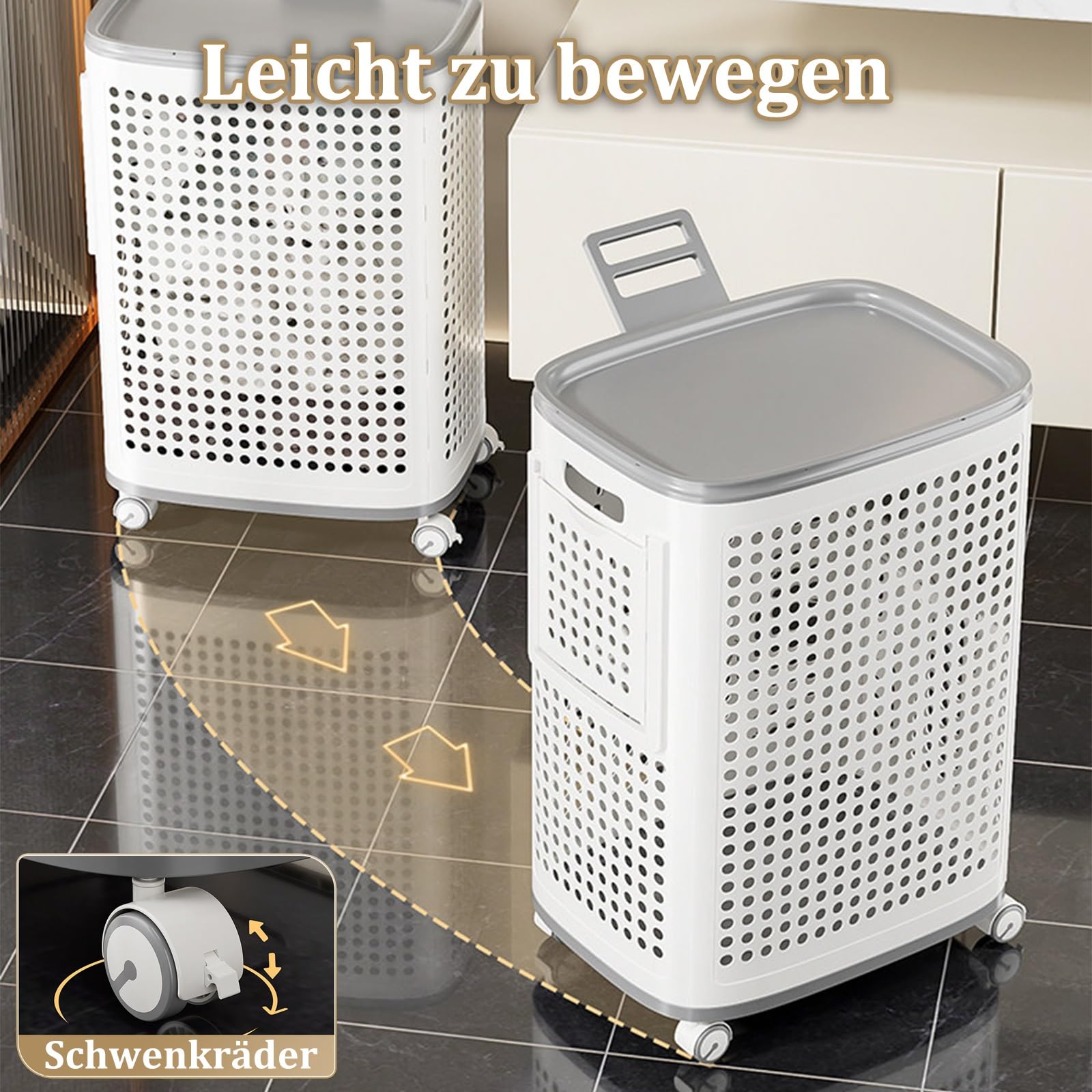 Wäschekorb mit Rollen und Deckel, Großer Atmungsaktives Hohldesign