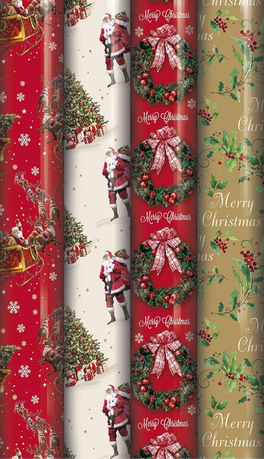 4 X 10M ROLLS CHRISTMAS XMAS WRAPPING PAPER ASSORTED DESIGNS ASOS SANTA BELL XMAS TREES STOCKING RUDOLPH TRADITIONAL