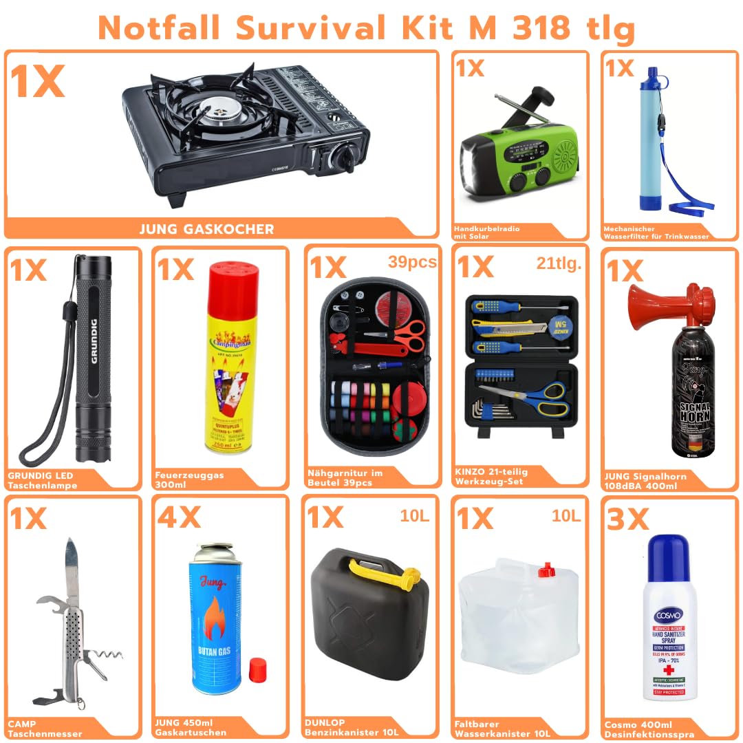 BLACKOUT Notfallset 317 Teile Survival Kit Stromausfall Prepper Ausrüstung mit Wasseraufbereitung Gaskocher Krisenvorsorge Camping Notfallrucksack Outdoor Notfallausrüstung Überlebensausrüstung