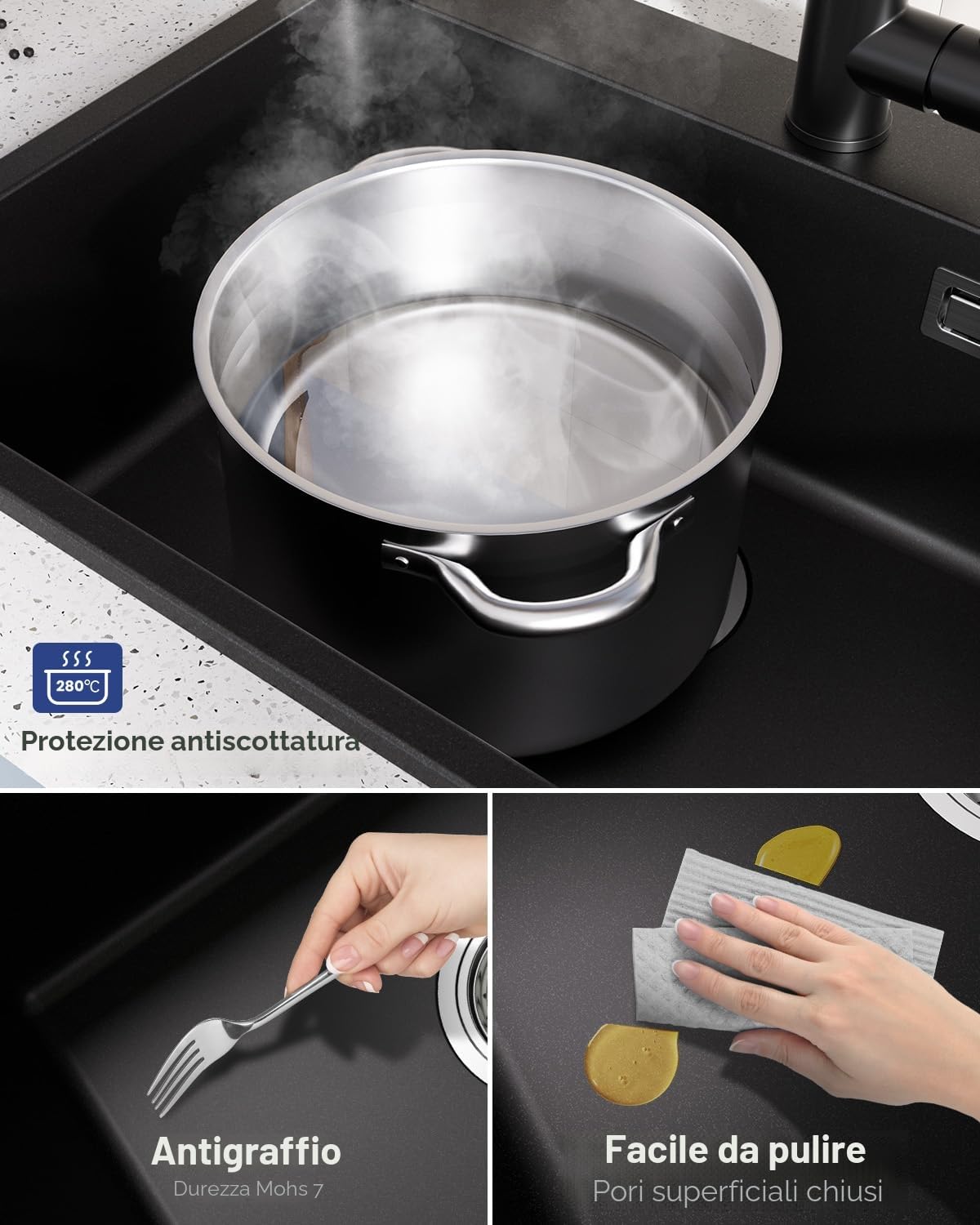 Lavello nero granito 60 x 45 cm, lavello nero, lavandino da cucina, grande lavello da cucina in granito, moderno lavello da incasso, rettangolare, singolo con 2 fori per rubinetto, 1 vasca