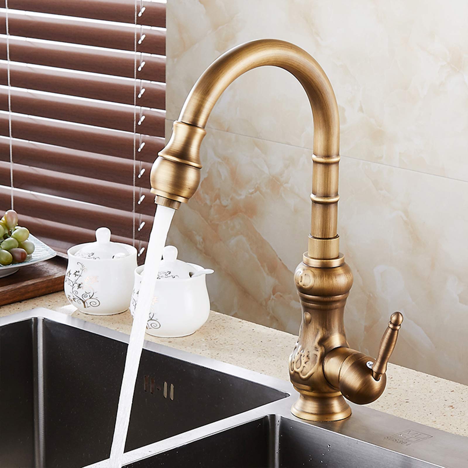 Grifo De Cocina, Grifo De Fregadero Giratorio a 360°, Caño Alto, Latón Monomando Mezclador De Fregadero, Para Agua Caliente Y Fría, Diseño Elegante, Estilo Antiguo, Bronce