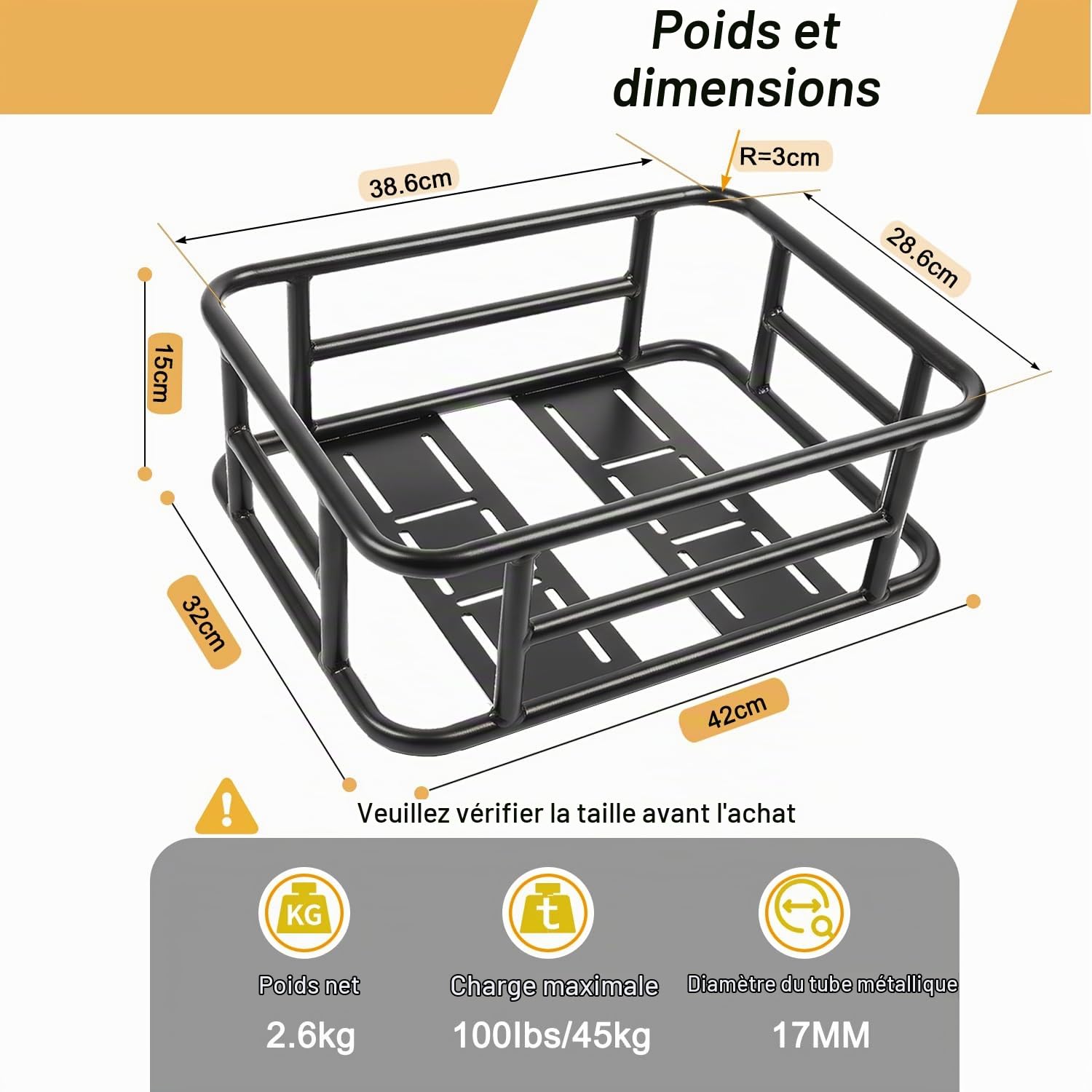 Panier de vélo arrière, grand panier de vélo Pro en métal à l'arrière, panier de vélo robuste porte-bagages arrière pour la plupart des vélos et vélos électriques pour les randonnées à vélo
