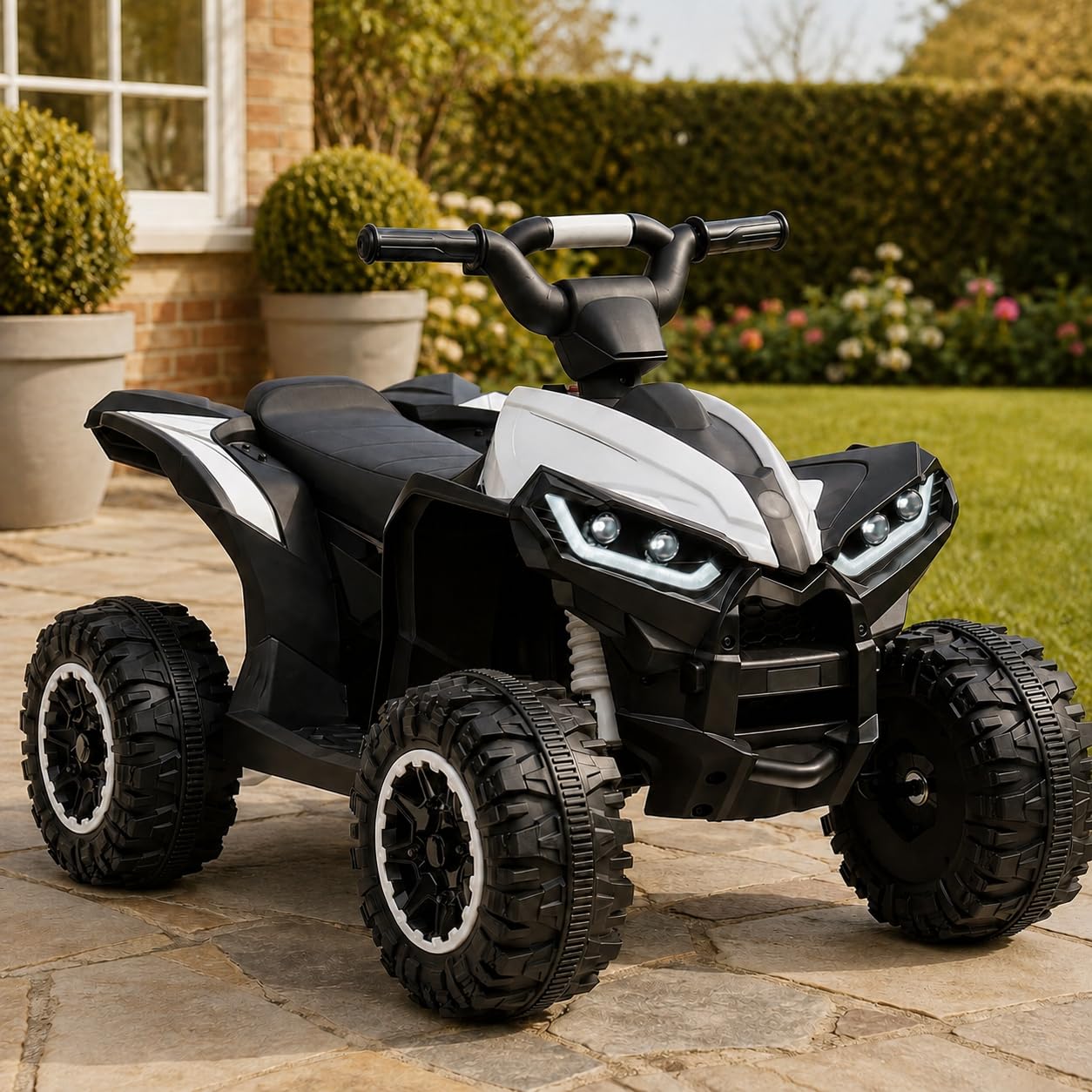 GarveeMore 12V Kids Electric Quad Bike, Ride on ATV Toy with Remote Control, Music, Bluetooth, LED Lights, Horn, EVA Tyres, 4-Wheel Suspension, for Ages 3-5, 83x53x56cm, White