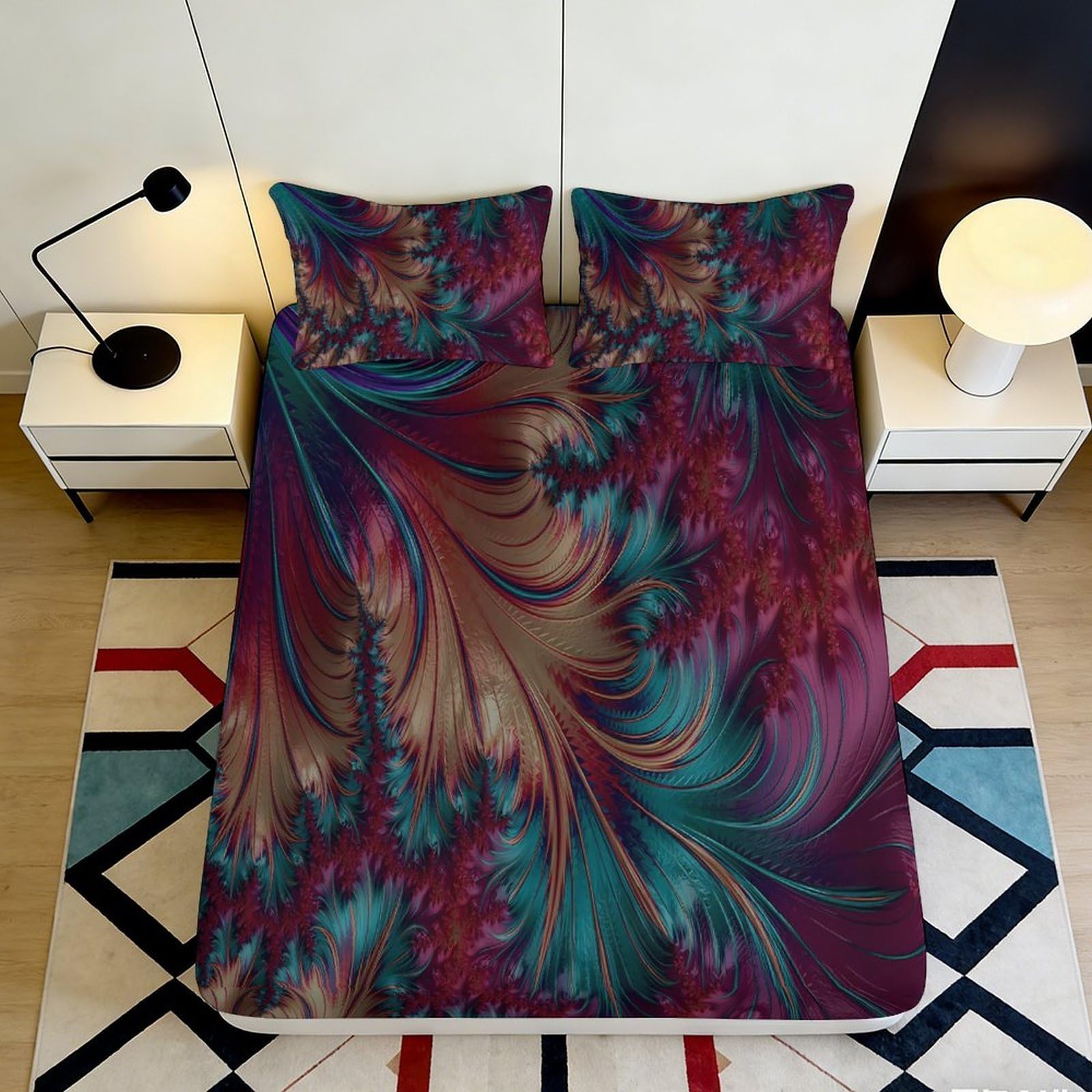 3D Printed Abstract Feather Fitted Sheet Microfiber Soft Marbled Swirl Mattress Cover for Bedroom Decor Dorm 90x200x25cm