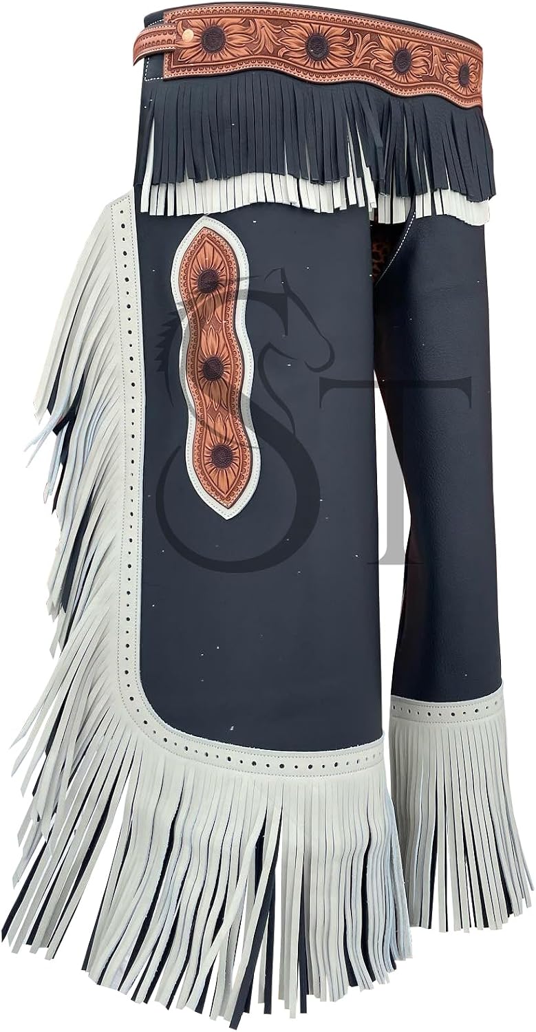 Custom Made Leather Fashion Chinks with Hand Tooled Yoke Set for Men Women Kids Small Medium Large LC-126
