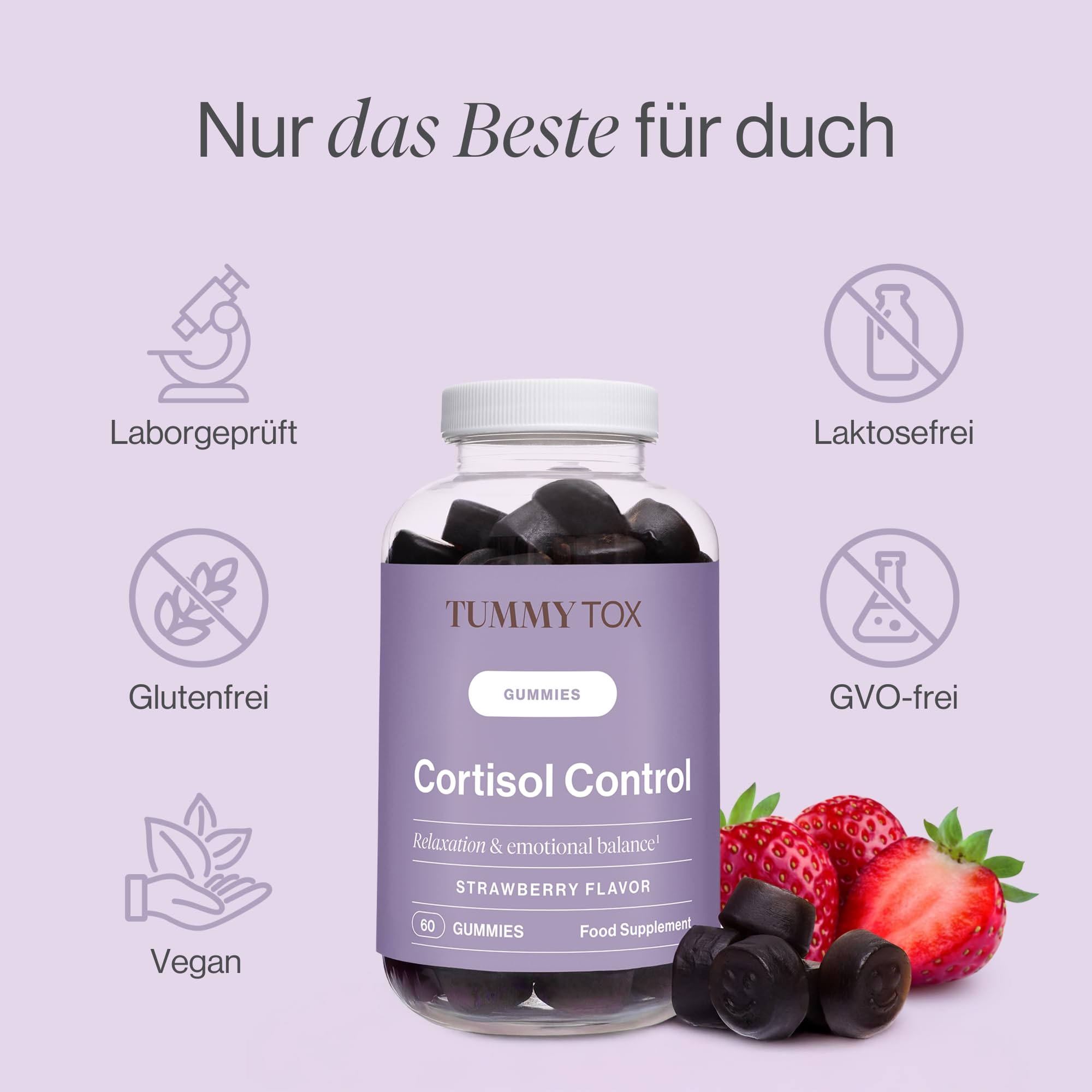 Ashwagandha, GABA, Rhodiola Rosea, Vitamin B12 und Vitamin B6-120 Vegane Gummibärchen, Ohne Gelatine und Glutenfrei - Cortisol Control Gummies, Tummy Tox