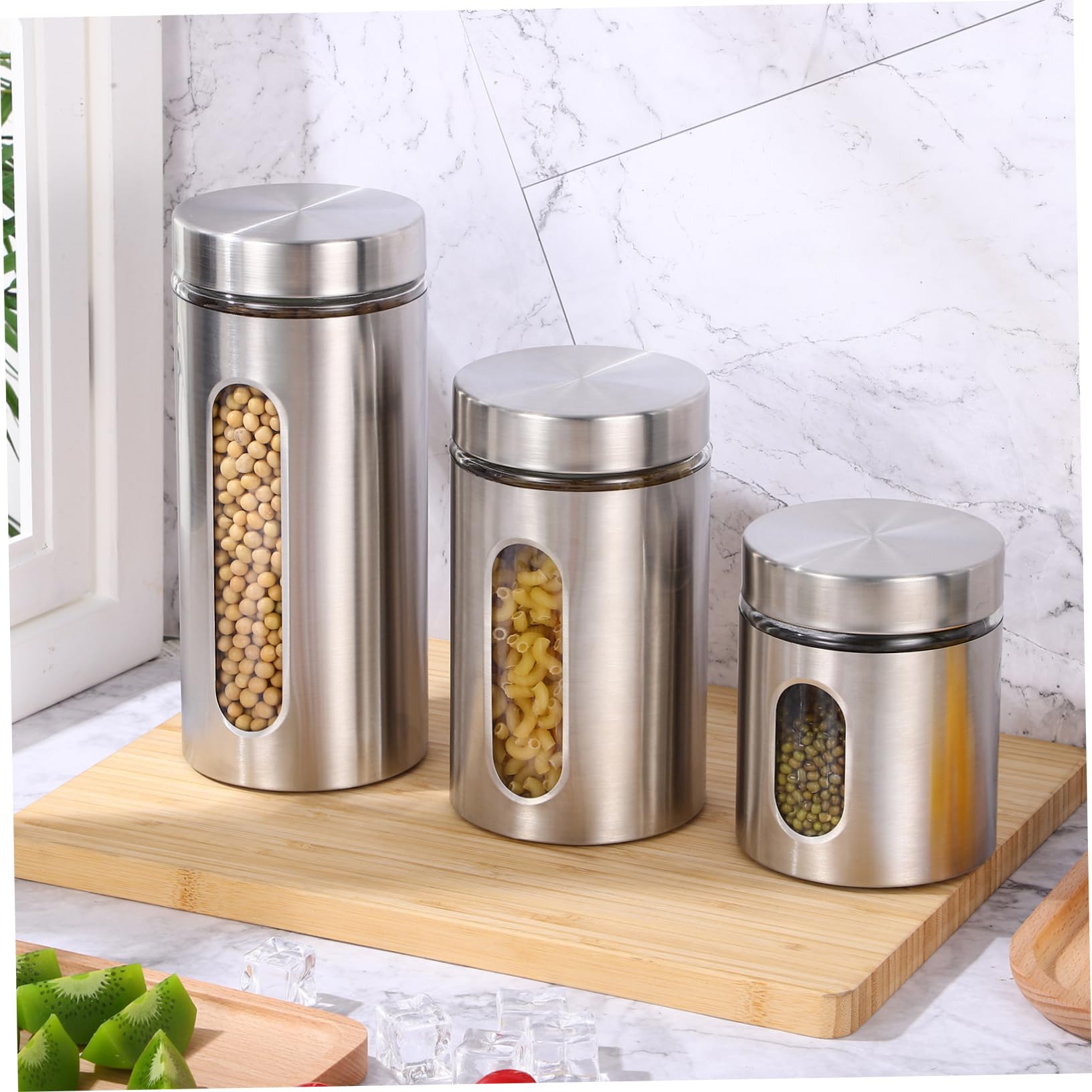 Barattoli Alimentari da Cucina in Vetro e Acciaio Inox 3 Pezzi