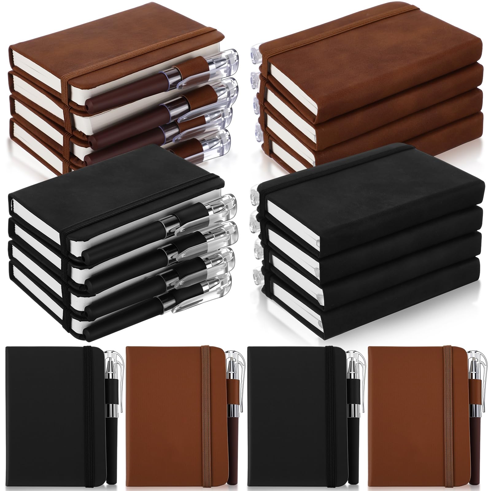 16 Pack Pocket Notebooks with Matching Pens, 3" x 4.4" Faux Leather Hardcover Journals Bulk, 192 Pages, Elastic Strap, Vintage Coffee & Black for Office, Meetings & Travel, A7