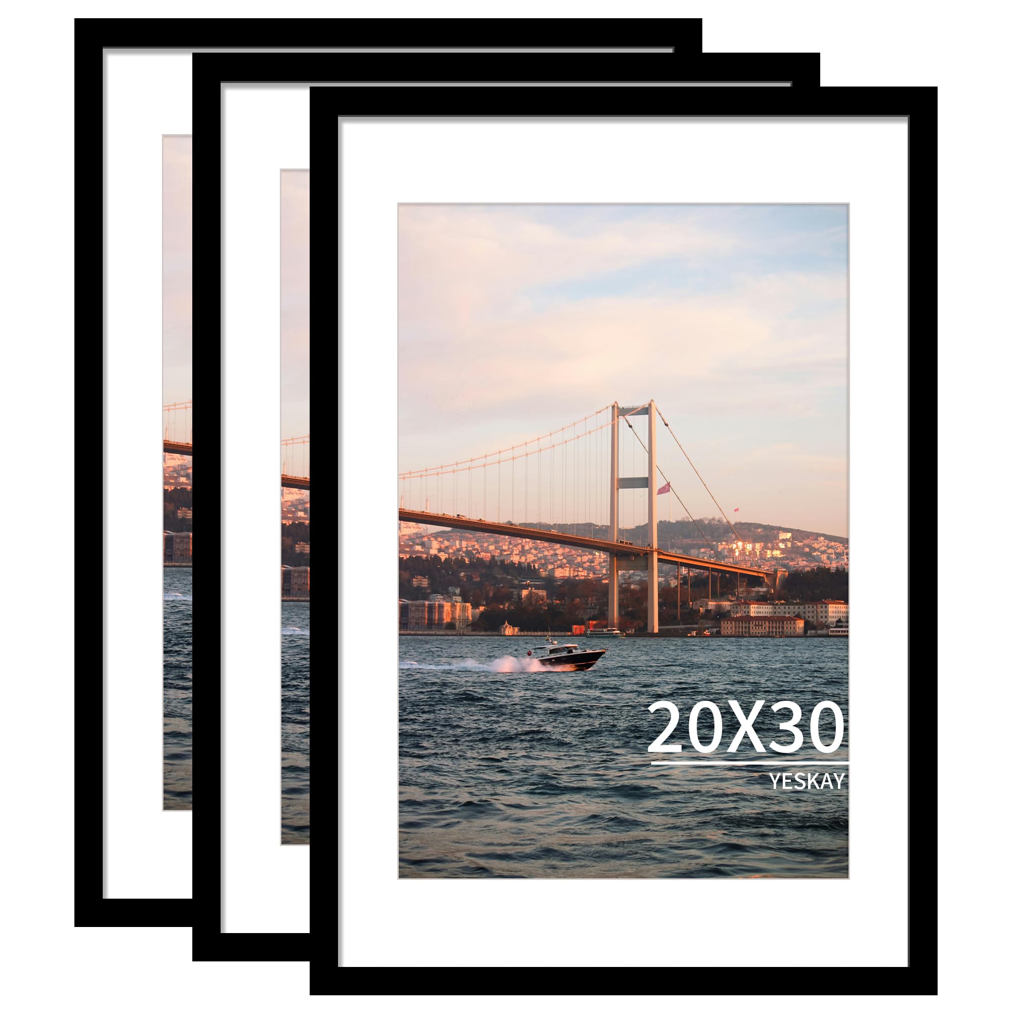 YESKAY 20x30 Picture Frame Black Set of 3, Display Pictures 16x24 with Mat or 20 x 30 Without Mat, Poster Frames 20x30 for Wall Hanging Horizontal and
