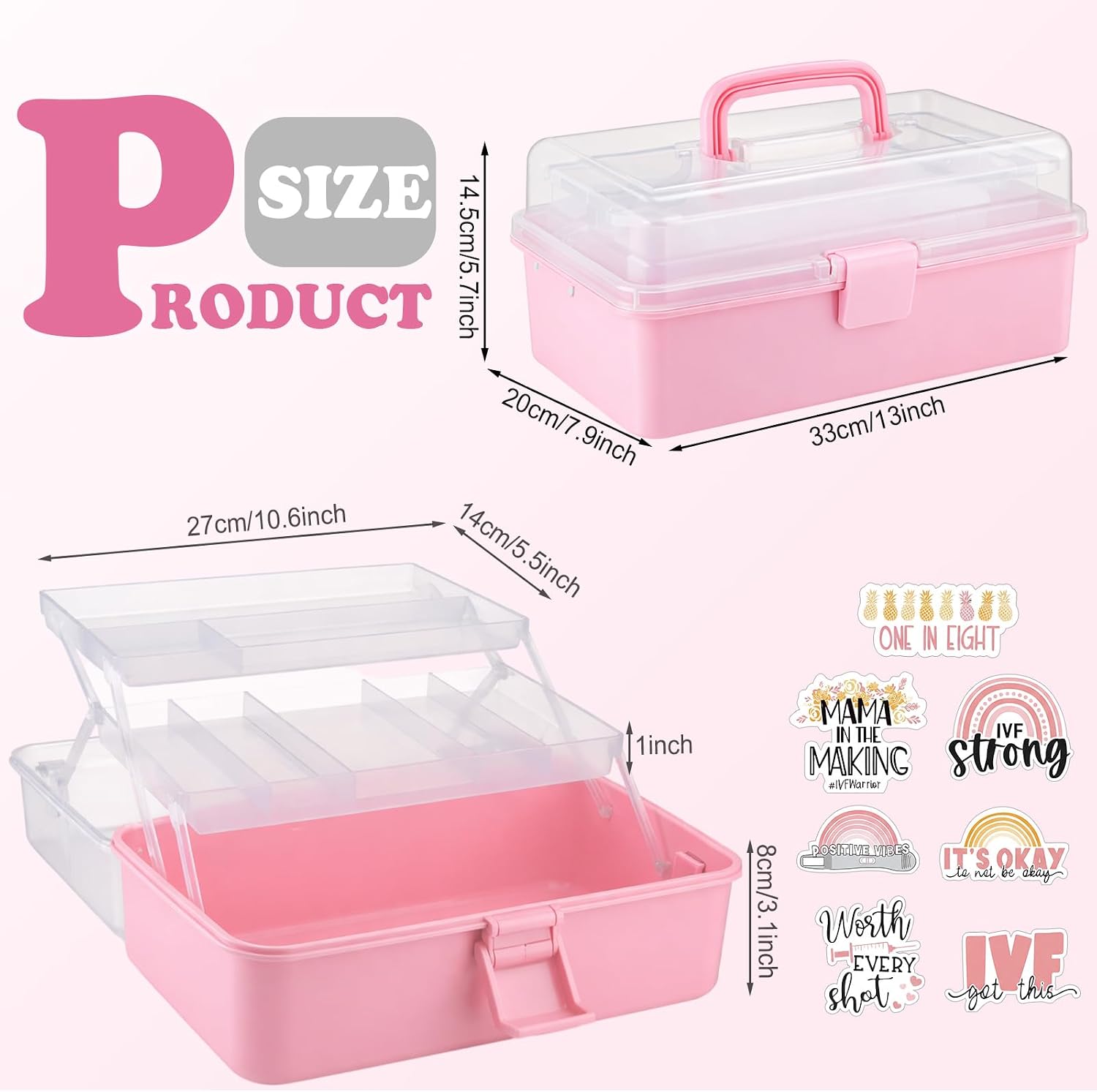 Mifoci IVF Medication Organizer Gift Caddy Box 3-Layer Plastic Dividing Storage with Adjustable Spacers IVF Meds Must Haves Organize Supplies Womens Dividers Containers(Pink)