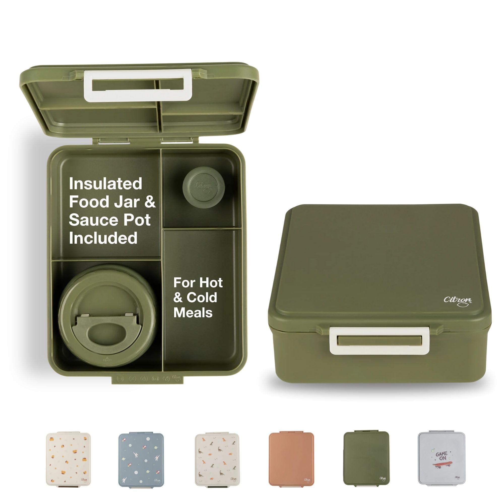 Citron lunch box with 4 compartments includes a thermos food jar and sauce container, a leak-proof green bento box, a BPA-free kids lunch box for school, and a durable design (Green)