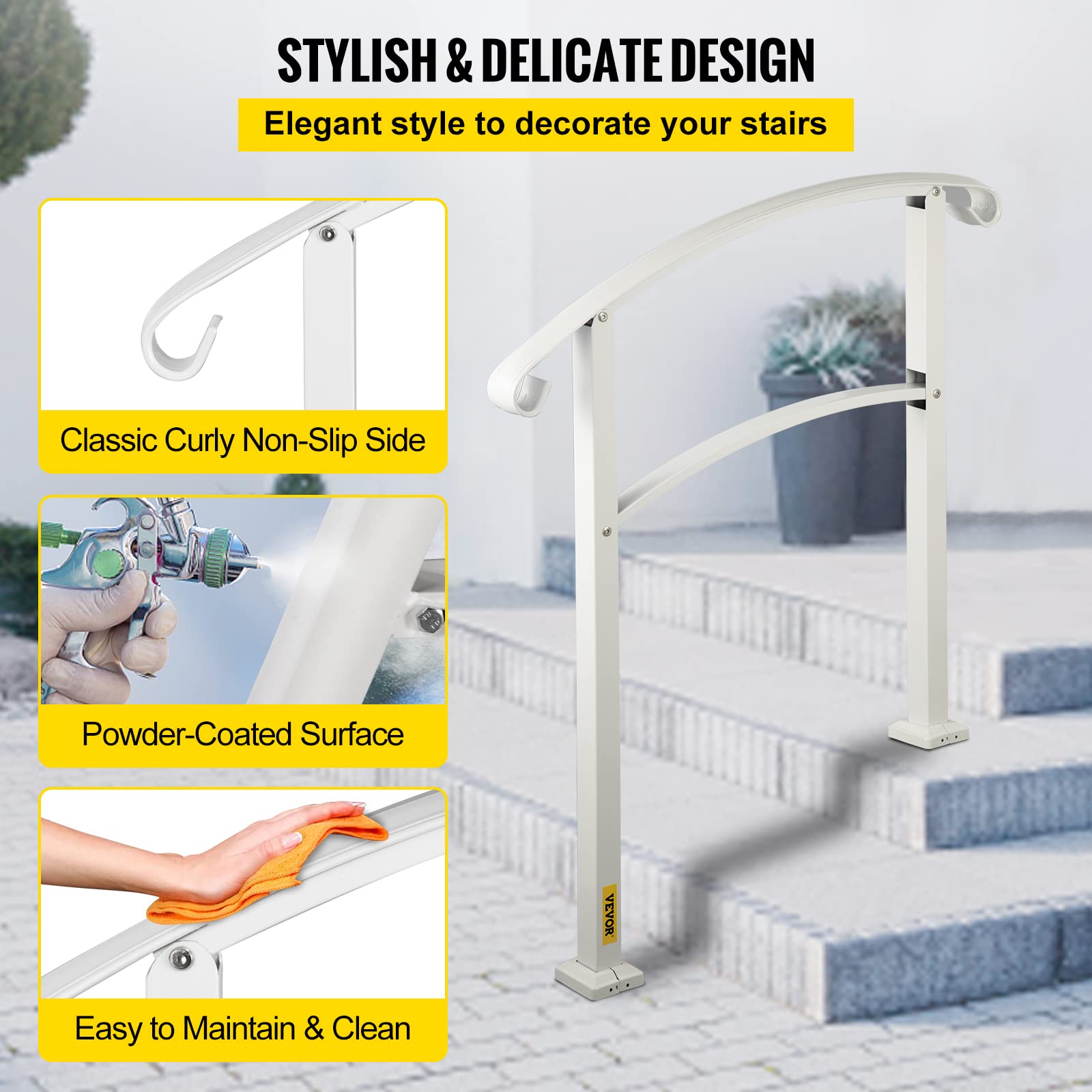 VEVOR Rampe d'Escalier pour 3 Marches Extérieures Main Courante Escalier en Fer Forgé Hauteur Maximale des Marches 52,5 cm Rampe Extérieur pour Porche, Marches en Béton, Brique, Jardin, Hôtel, Blanc