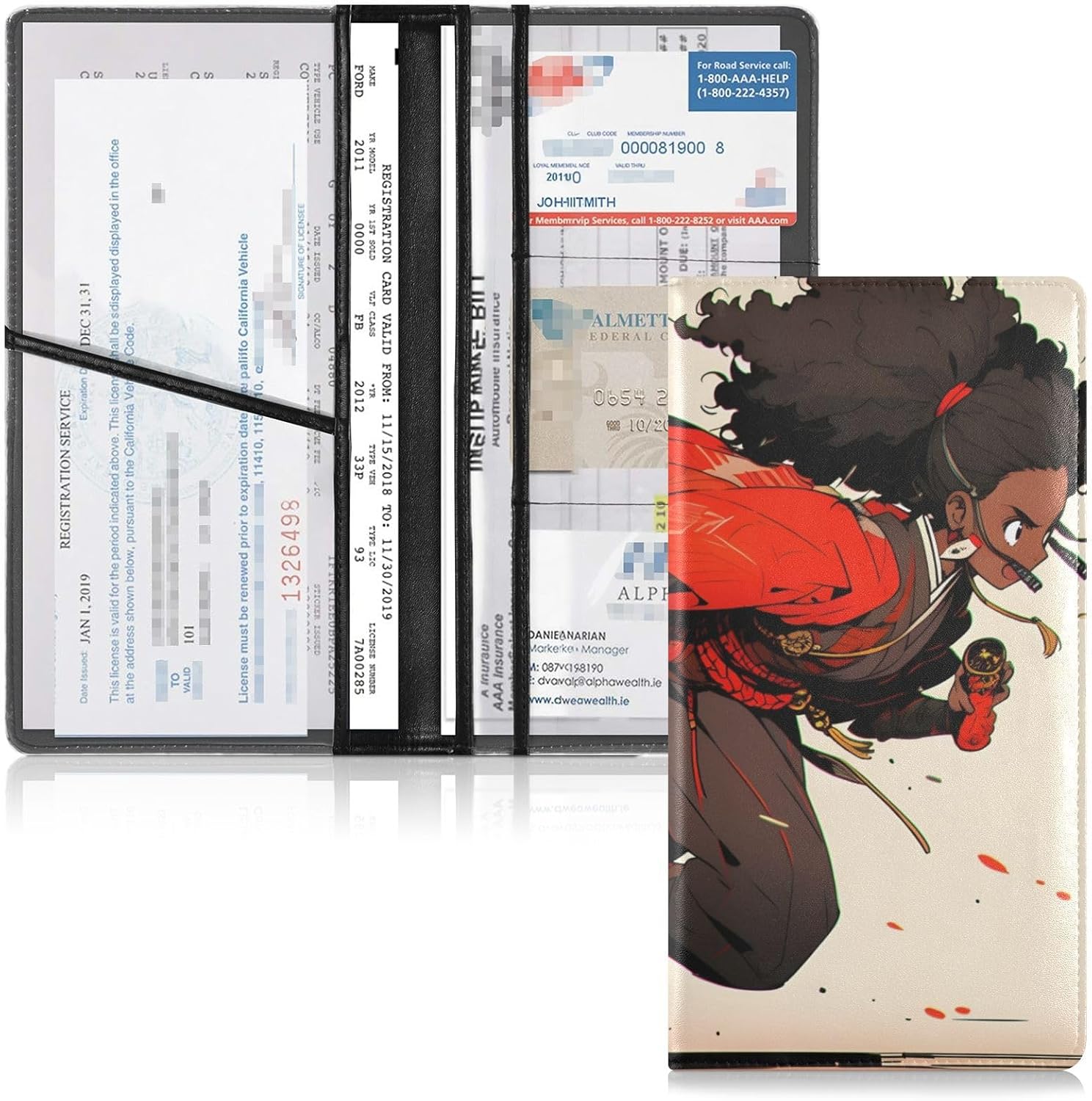 Car Registration and Insurance Holders Japanese Anime Samurai Print, PU Leather for License Documents Cards
