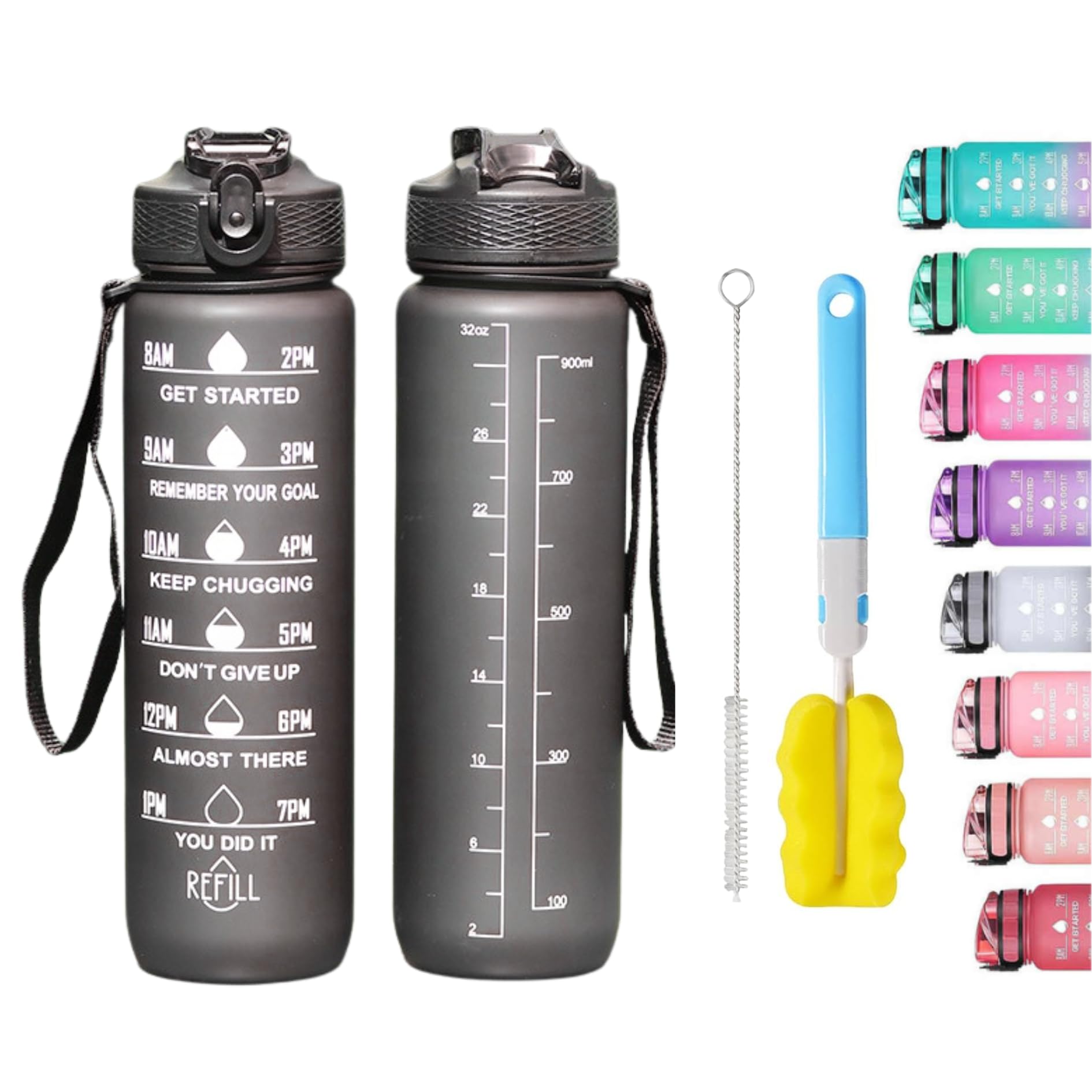 Apex.99 Motivational Water Bottle with Time Markers 1L / 32oz, BPA Free Tritan Leak Proof Gym Water Bottle with Measurements, Reusable Sports Bottle for Men & Women