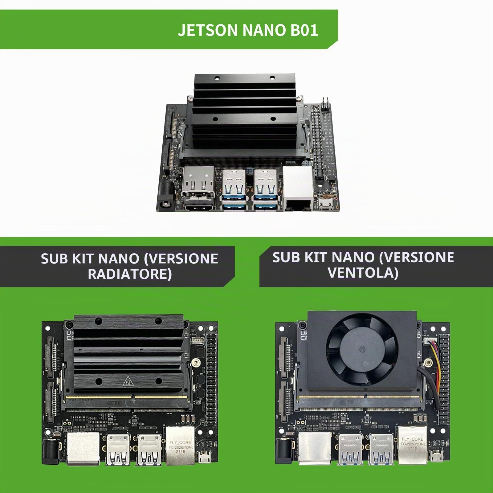Kit Nano Jetson con slot SD, basato su N-VIDIA Jetson Nano SOM a bordo 16 GB EMMC per apprendimento automatico AI (raffreddamento ventola)